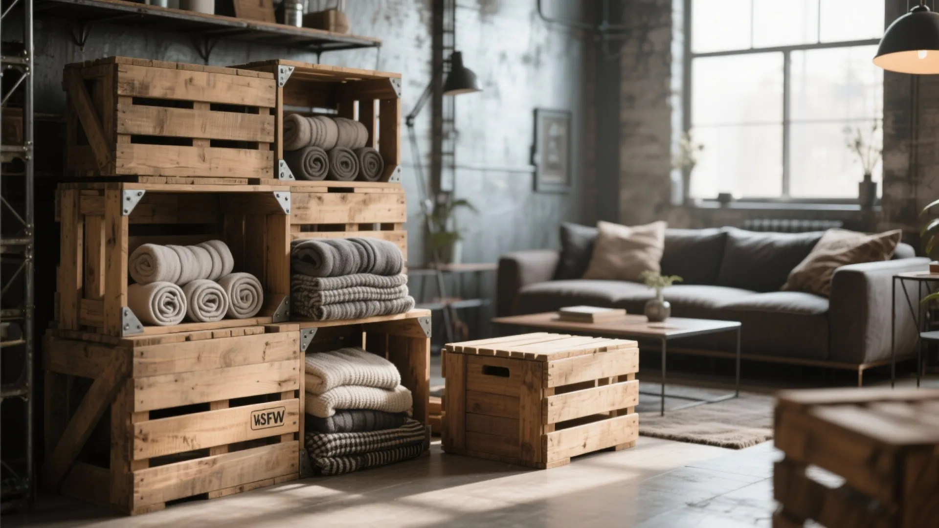 Stacked wooden crates used as storage for blankets in an industrial living room with sofa