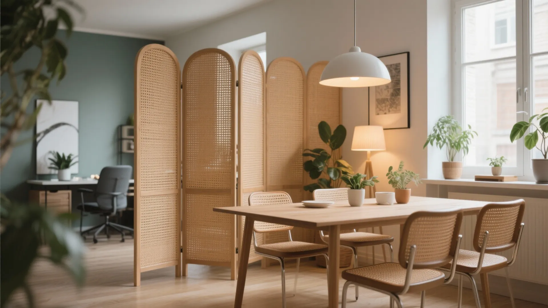 Wooden dining table and rattan chairs separated from home office by a tall woven screen divider