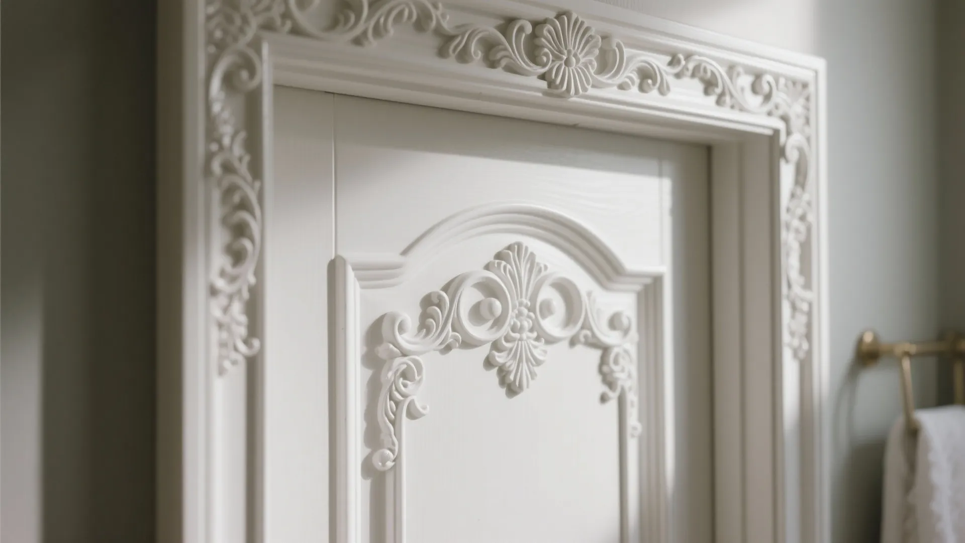 Close up of a white wooden door with decorative floral carving details and elegant wall