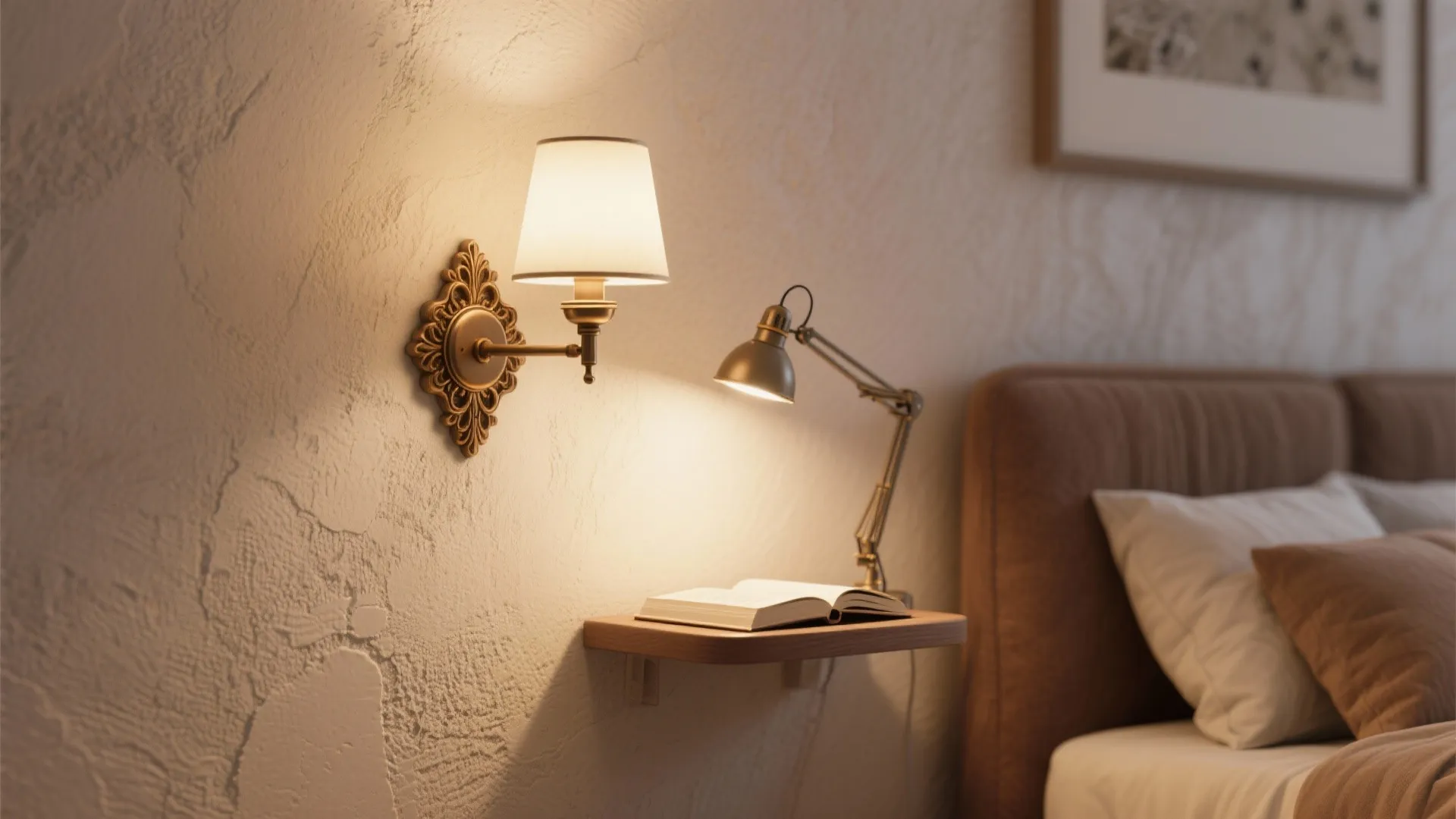 Classic decorative wall light and small desk lamp lighting up book on wooden floating shelf