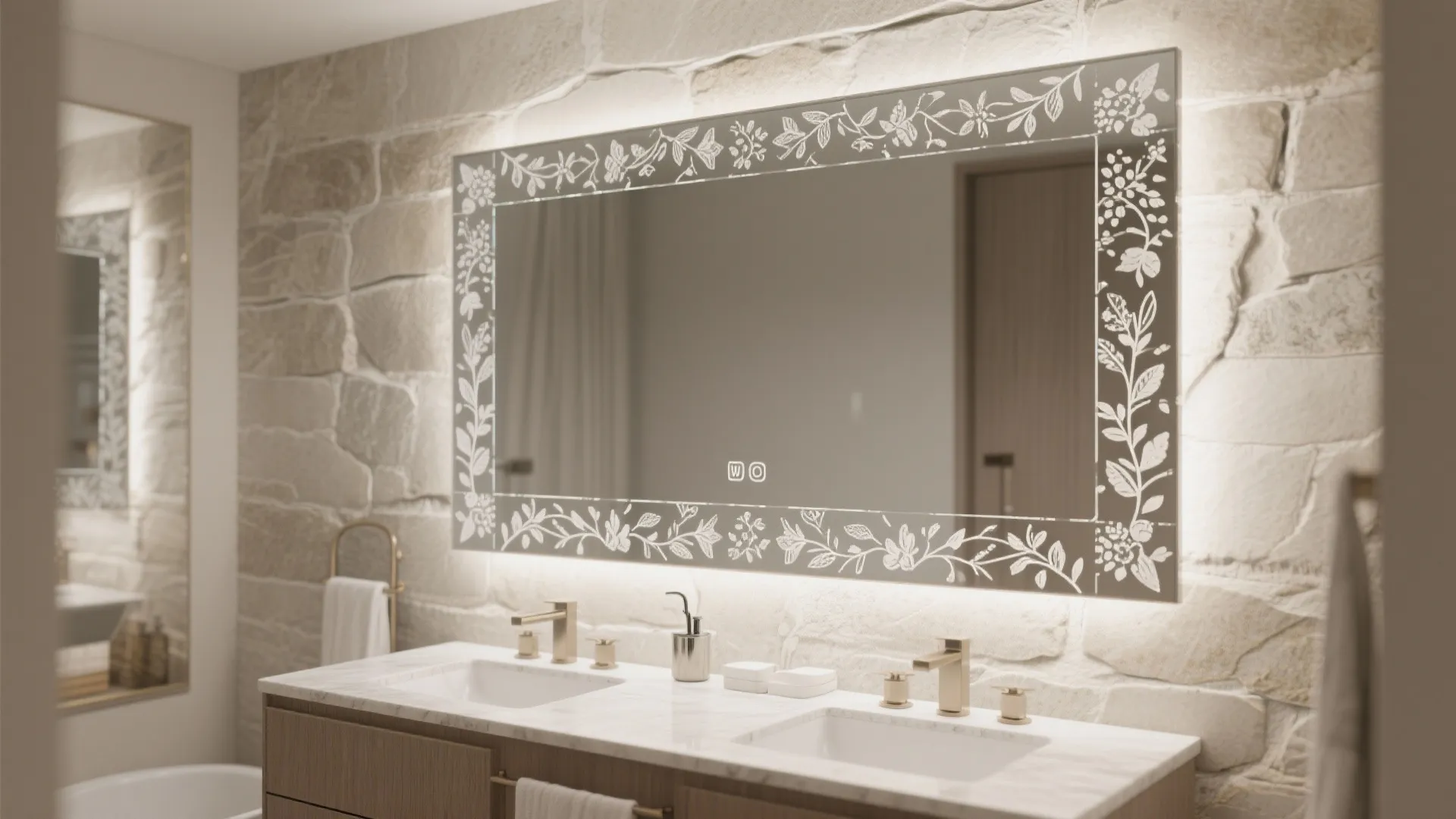 Etched glass bathroom mirror with botanical edge pattern