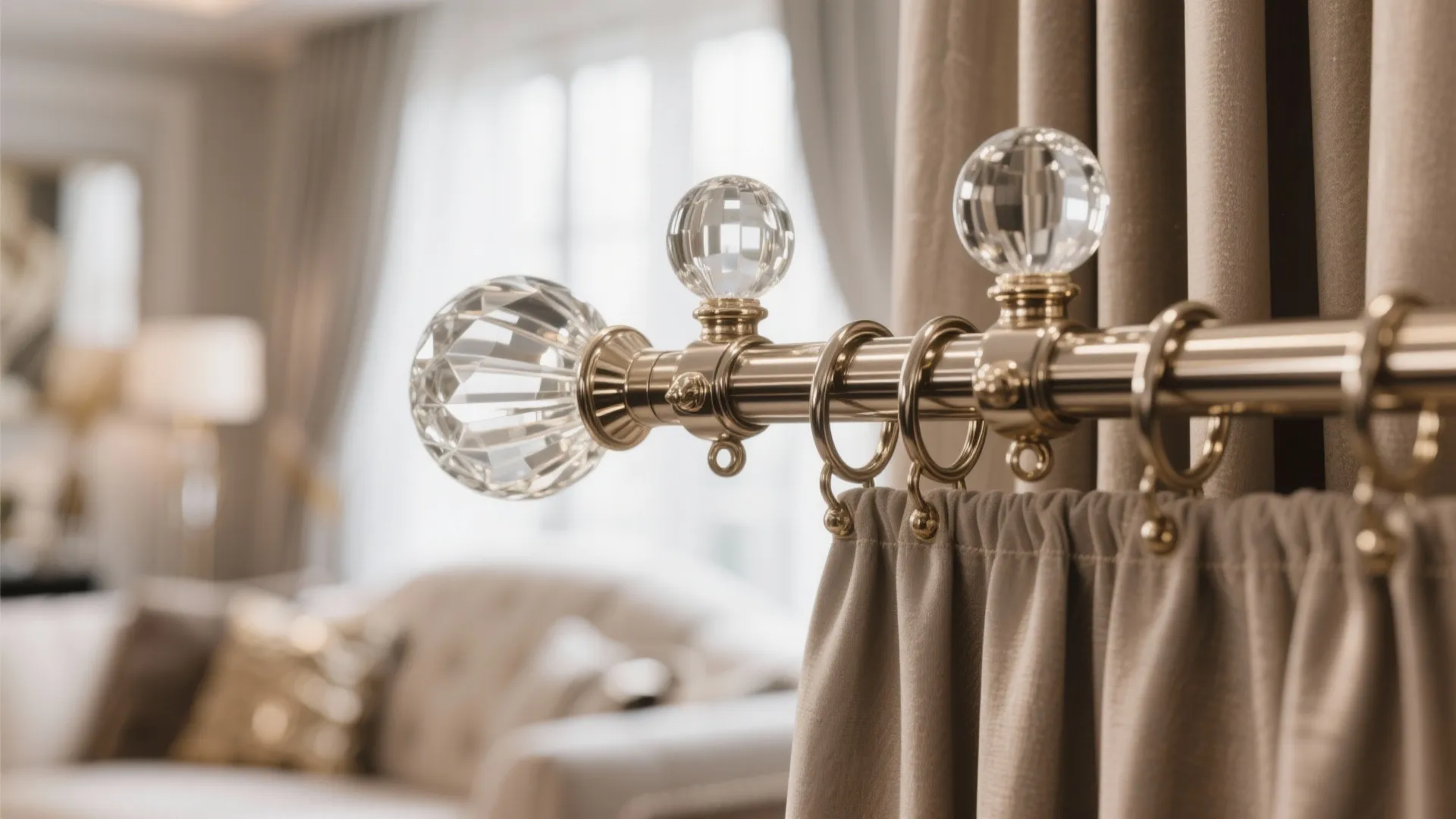 Glass globe finials on metal curtain rod in glamorous living room