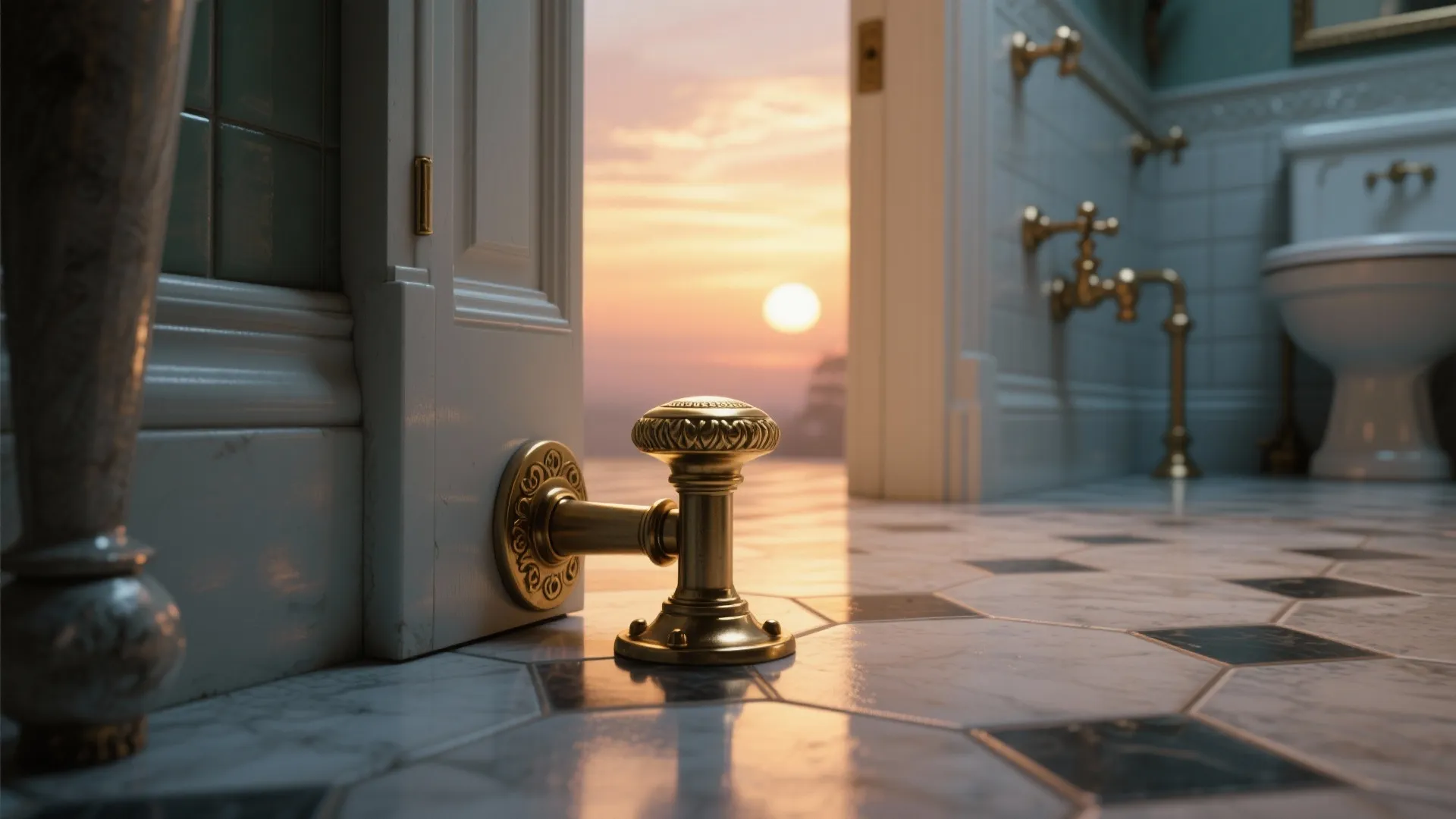 Floor-mounted metal door stop with a brass decorative cap on a tiled bathroom floor.