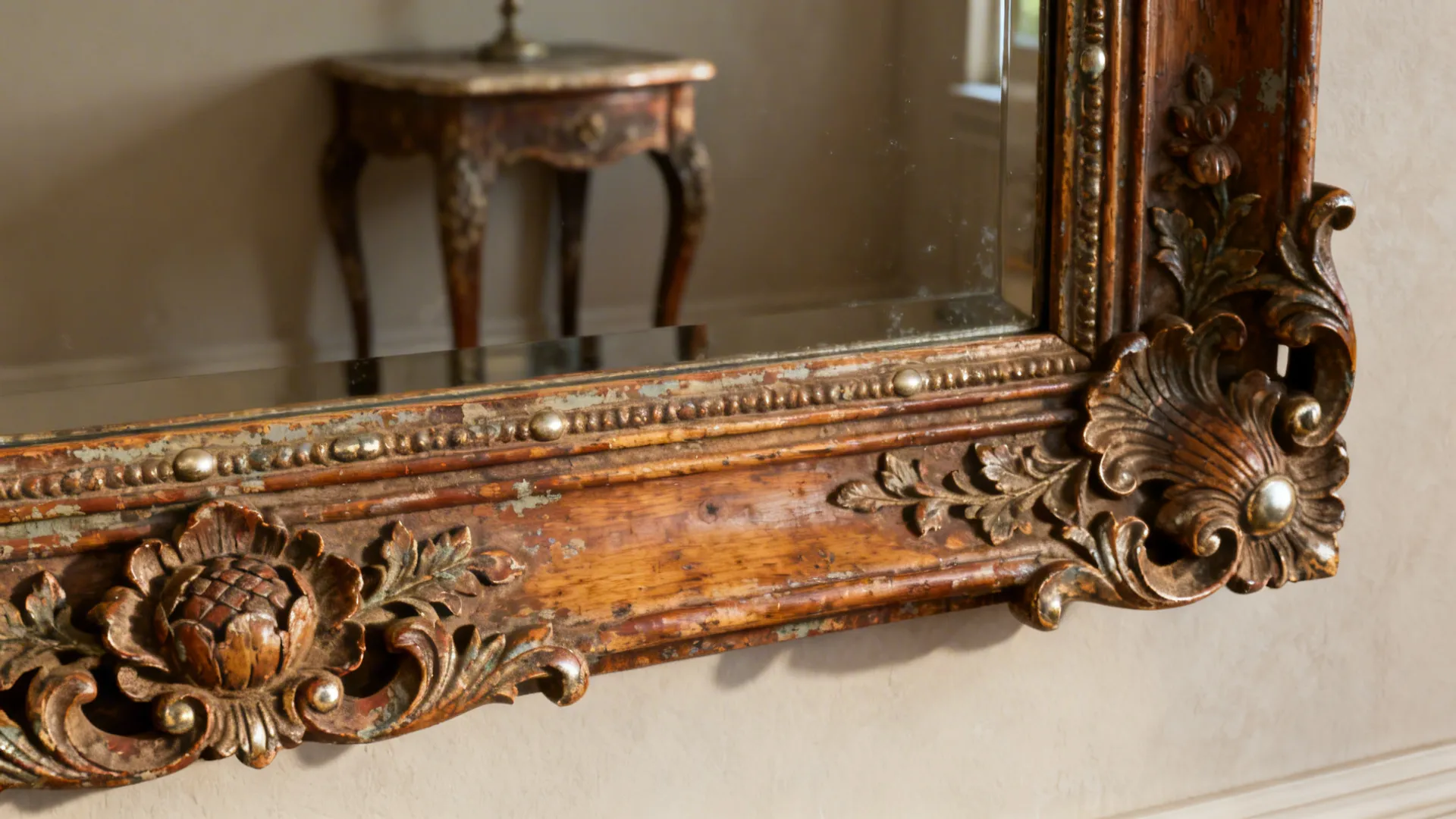 Decorative carved mirror frame paired with vintage side tables creating a cohesive vignette