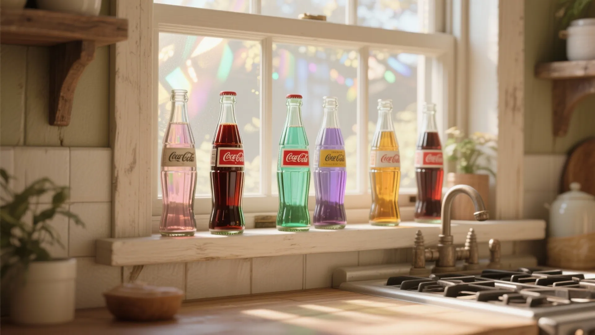 Six colorful glass soda bottles lined up on a white wooden window sill in kitchen