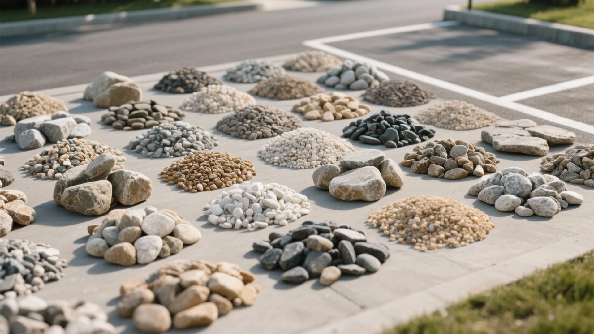 Various piles of decorative garden stones and small rocks displayed on a grey outdoor floor