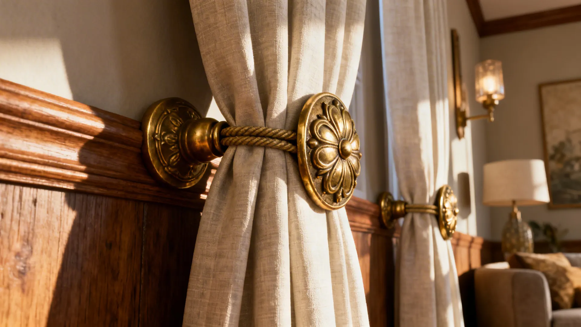 Antique brass decorative holdbacks complementing a mid-century living room and holding back light curtains.