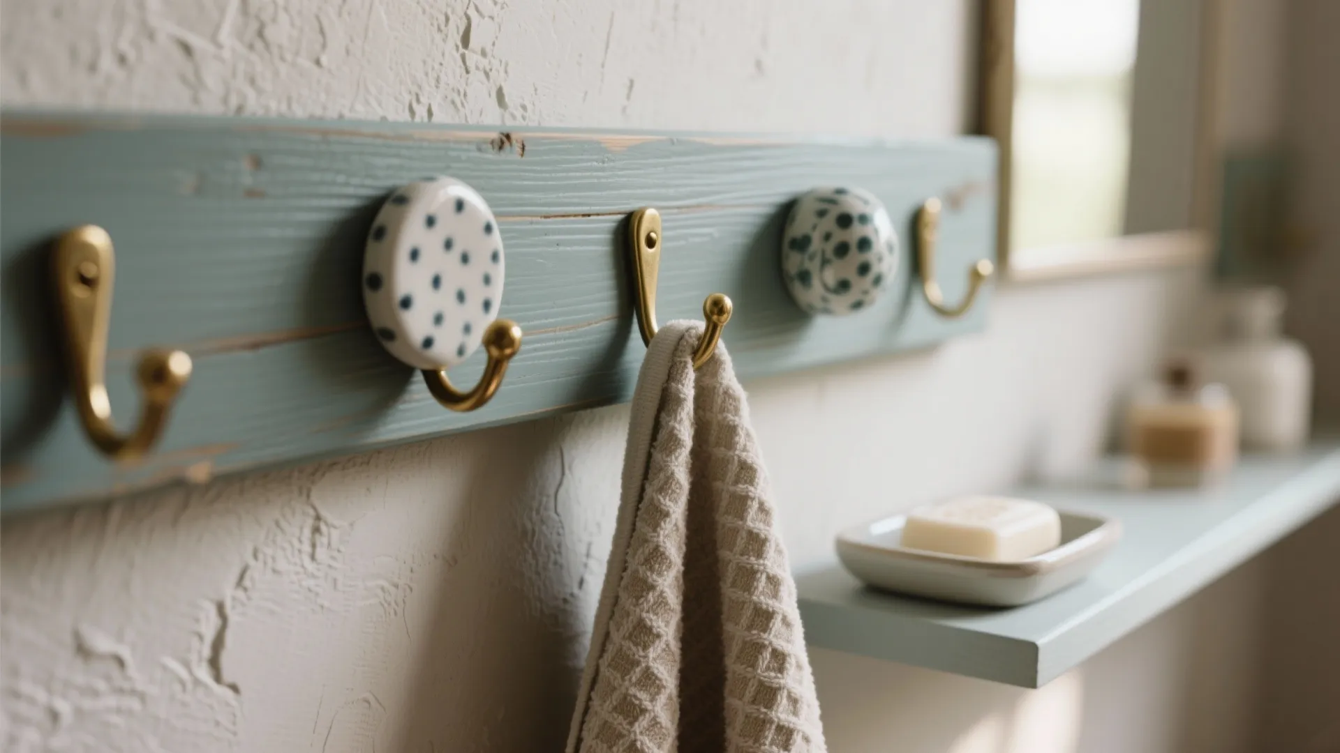 Close-up of mismatched ceramic and brass hooks on a peg rail with textured waffle towel and small shelf accents.