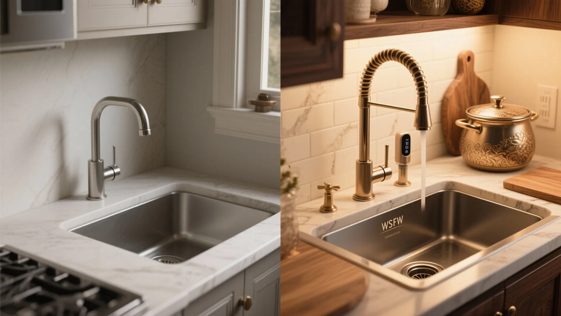 Comparison of a standard silver kitchen faucet and a modern gold instant hot water tap