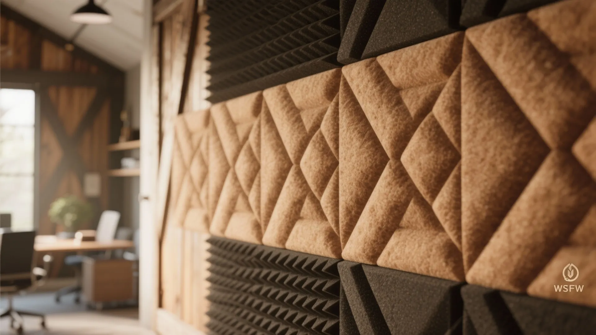Close up of textured brown wall panel design in office with wooden walls and desk