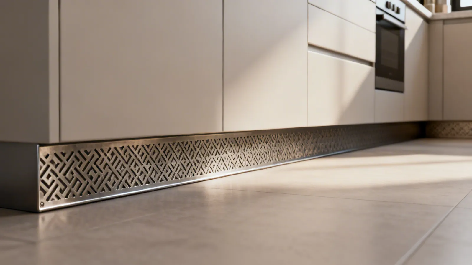 Decorative patterned metal kitchen kick plate installed under cabinets