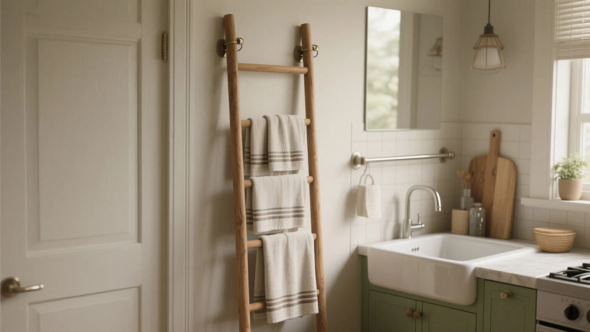Slim leaning ladder and wall-mounted rail by a sink holding multiple towels in a compact kitchen.