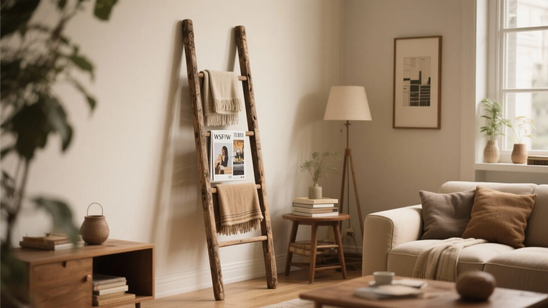Vintage ladder used as storage for throws in living room