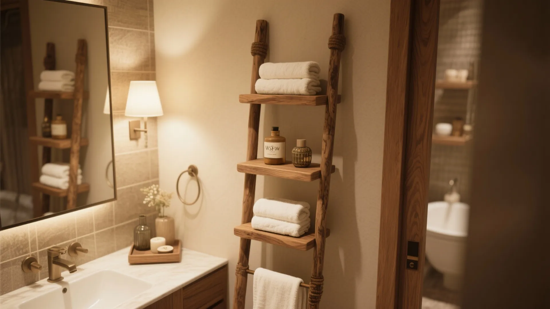 Wooden ladder shelf holding white towels and bathroom bottles next to a marble sink vanity