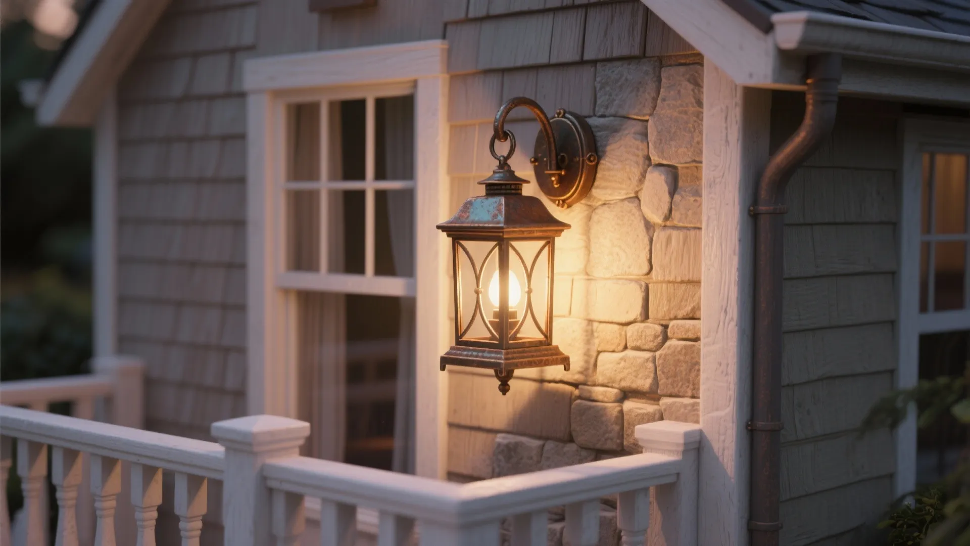 Traditional wall light glowing on stone wall near white window frame and wooden house exterior