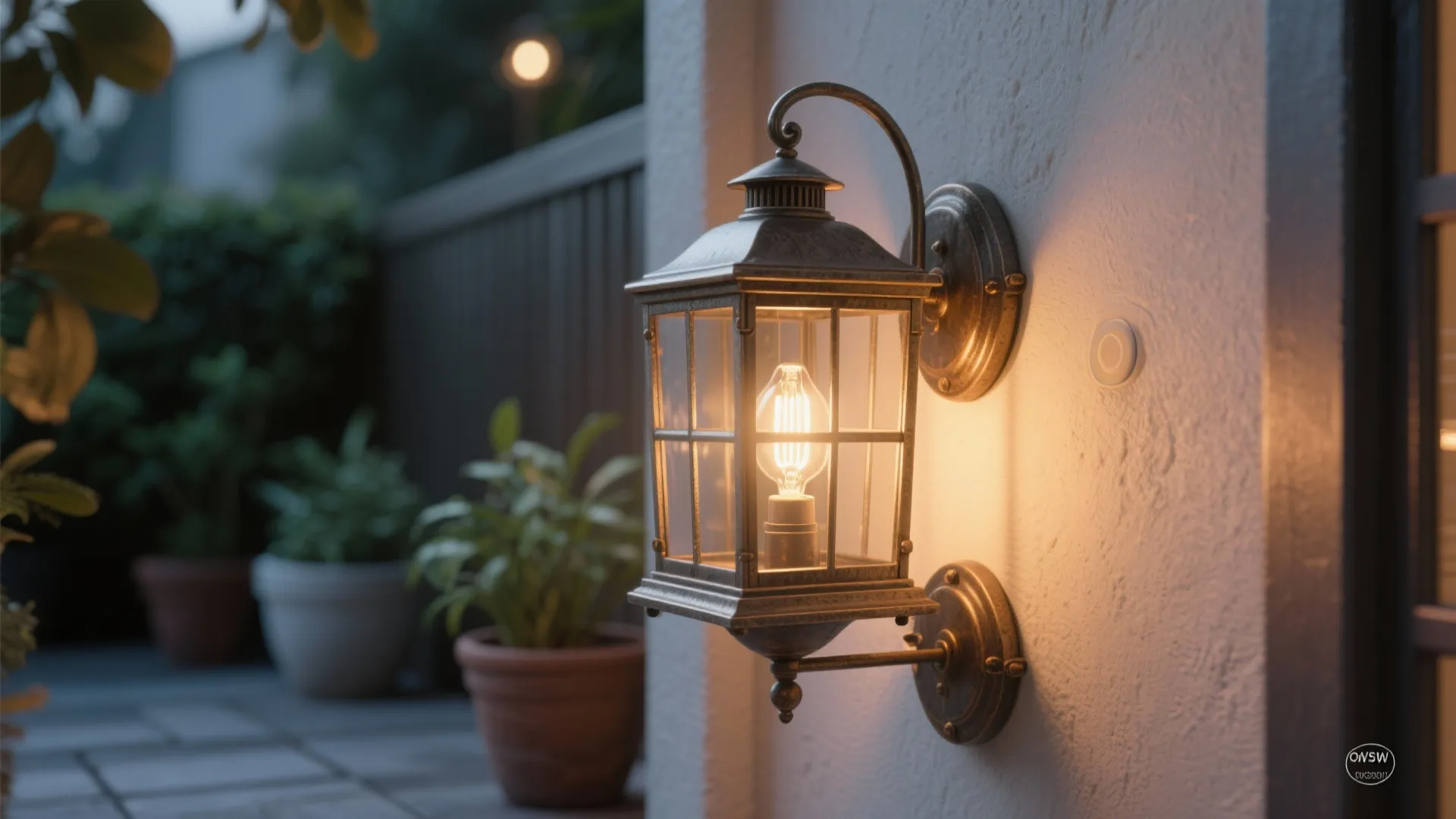 Classic bronze wall light with glass panels glowing on white outdoor wall with potted plants