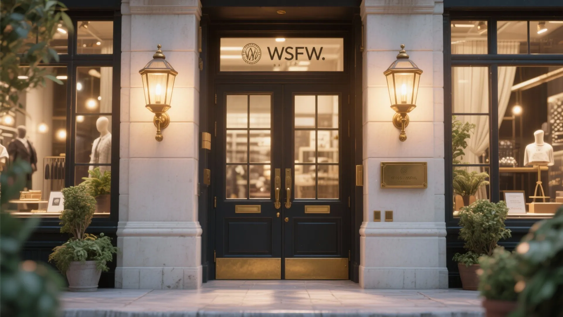 Storefront entrance lit by decorative lantern wall lights with warm glow