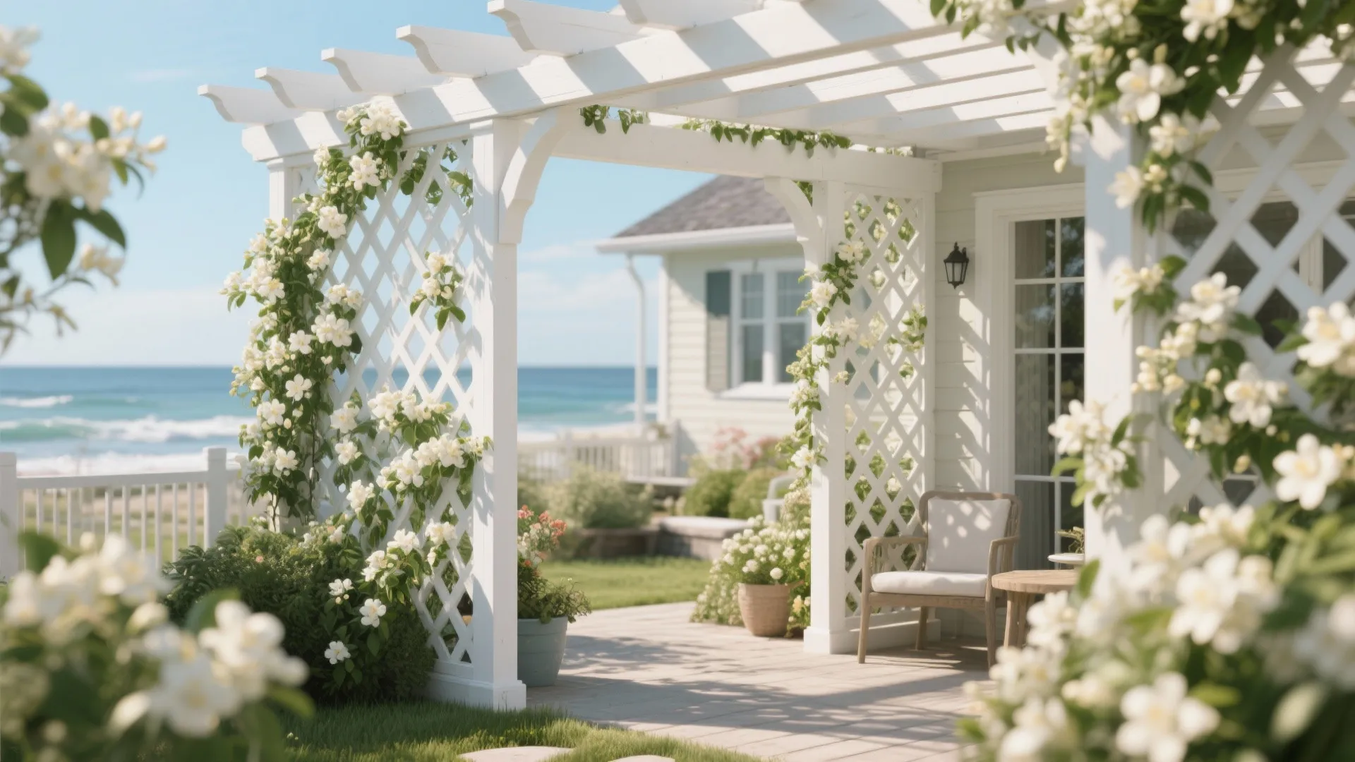 White wooden garden structure with climbing flowers overlooking the ocean beside a house and chair
