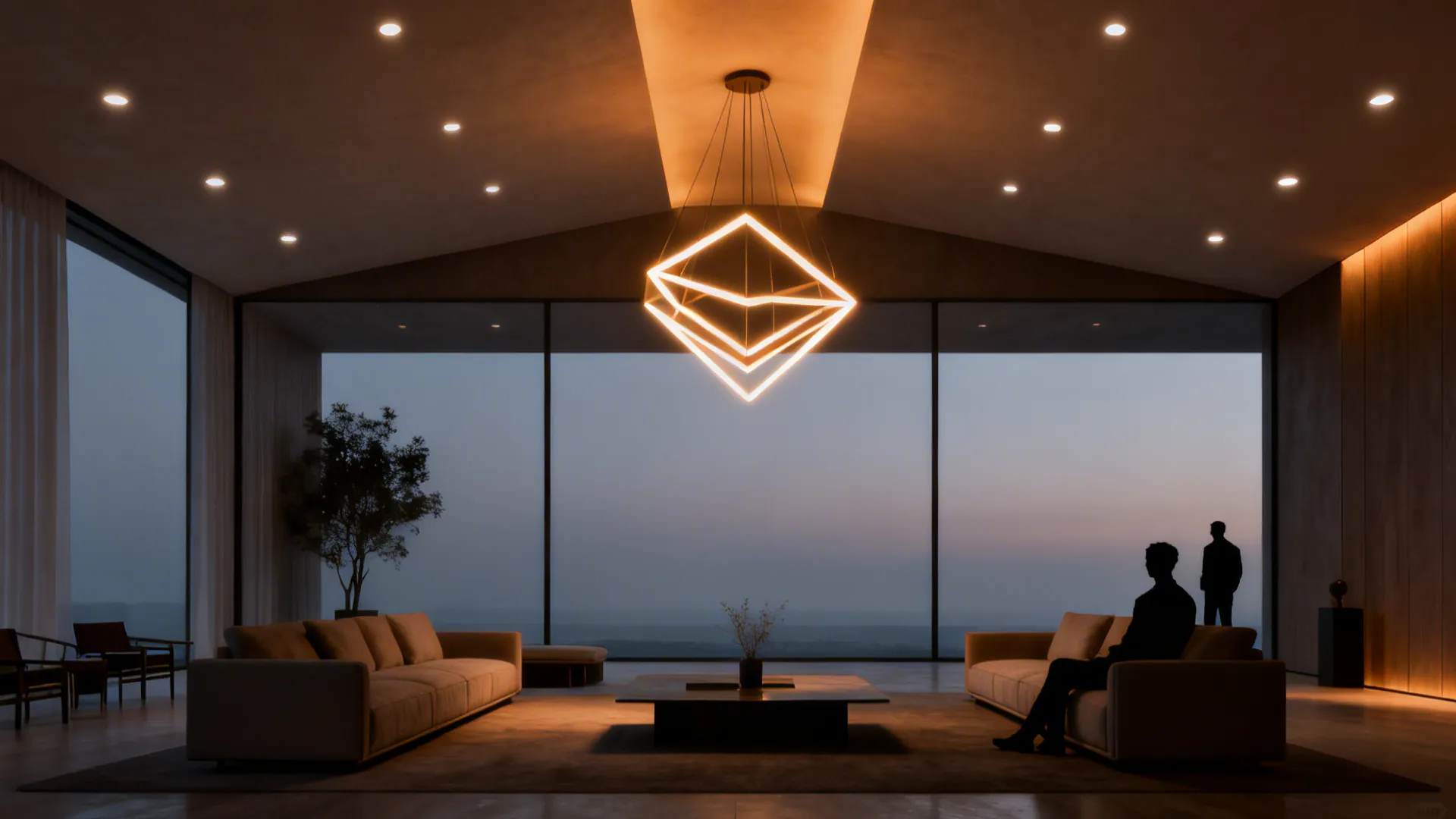 Sculptural geometric LED pendant serving as a statement light in a minimalist living room.