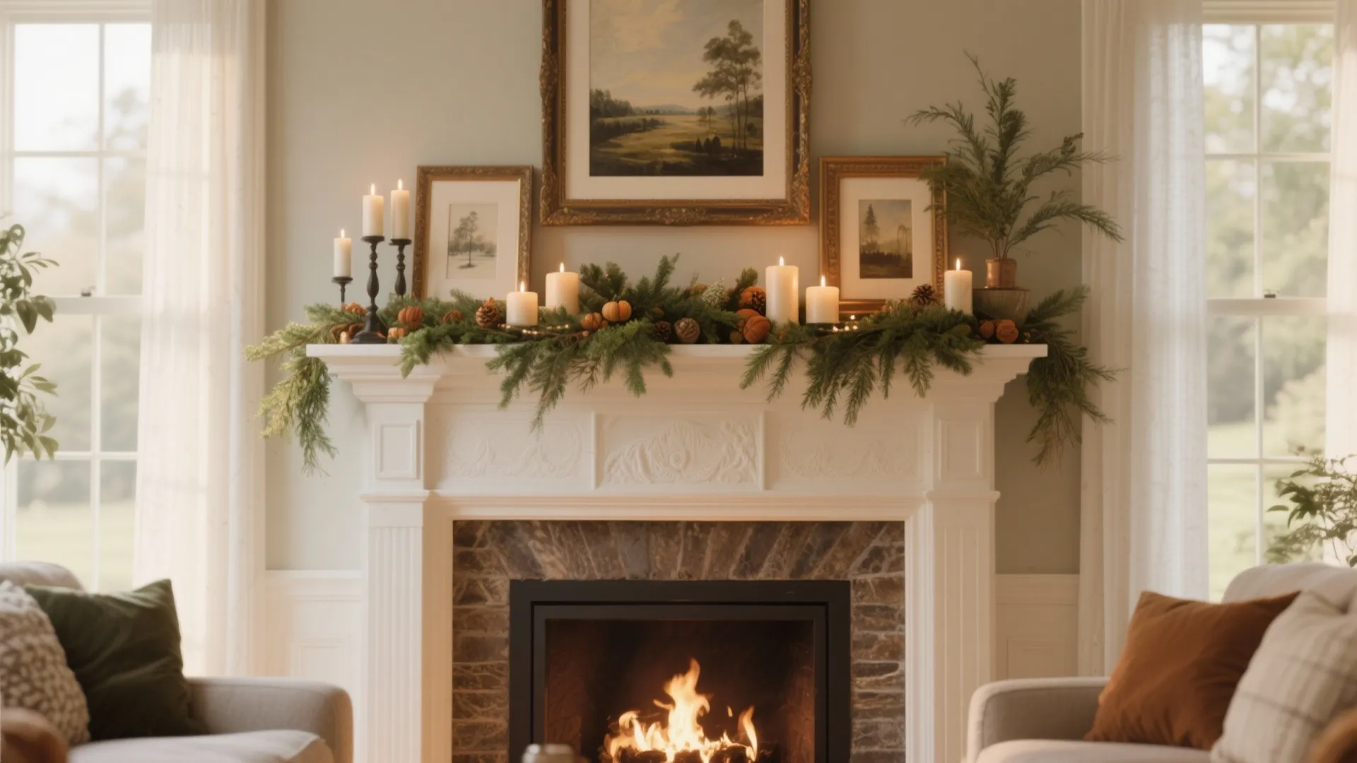 White fireplace mantel decorated with green plants and candles in a bright classic living room