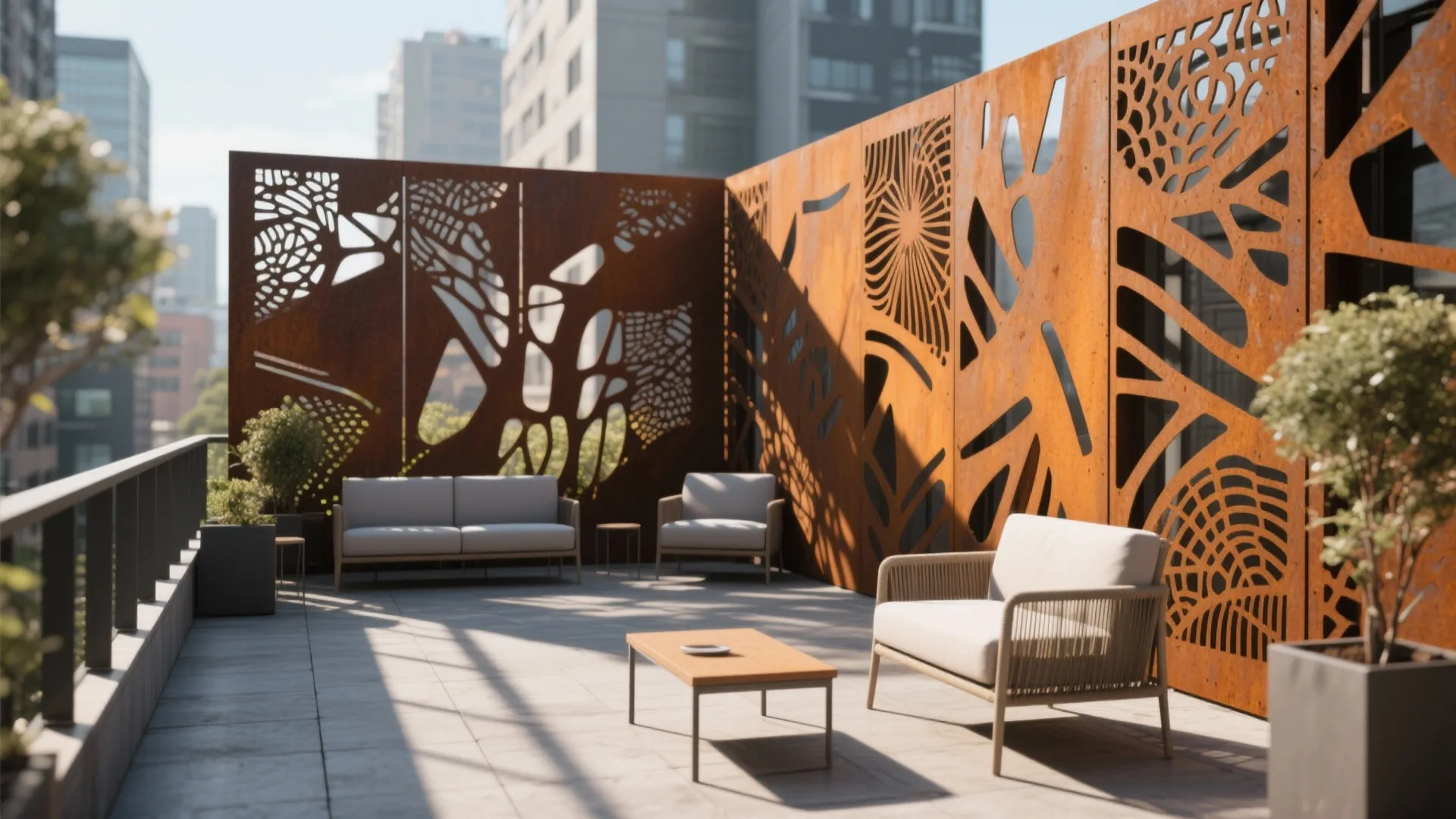 Modern rooftop terrace with orange metal privacy screens white sofas wooden coffee table and city