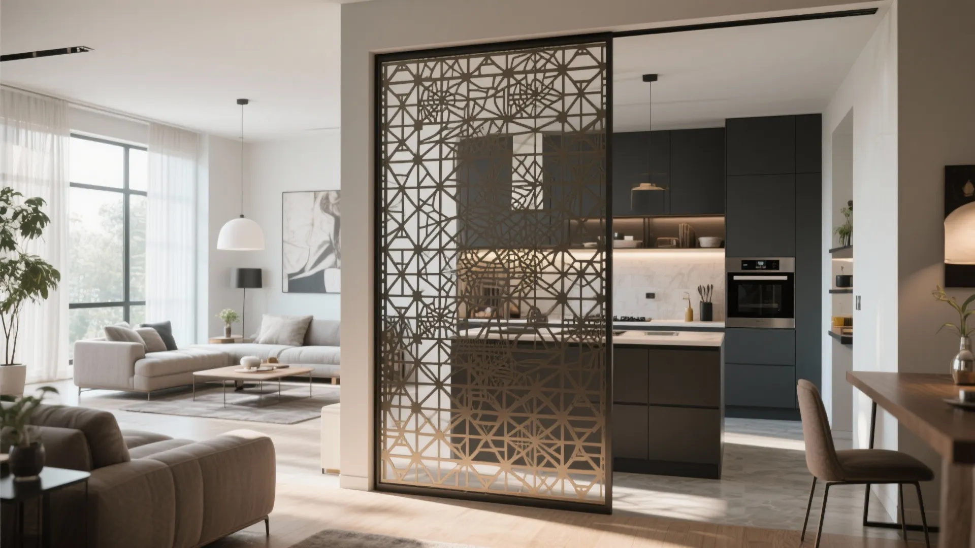 Open plan living space featuring decorative geometric room divider separating dark kitchen from comfortable sofa