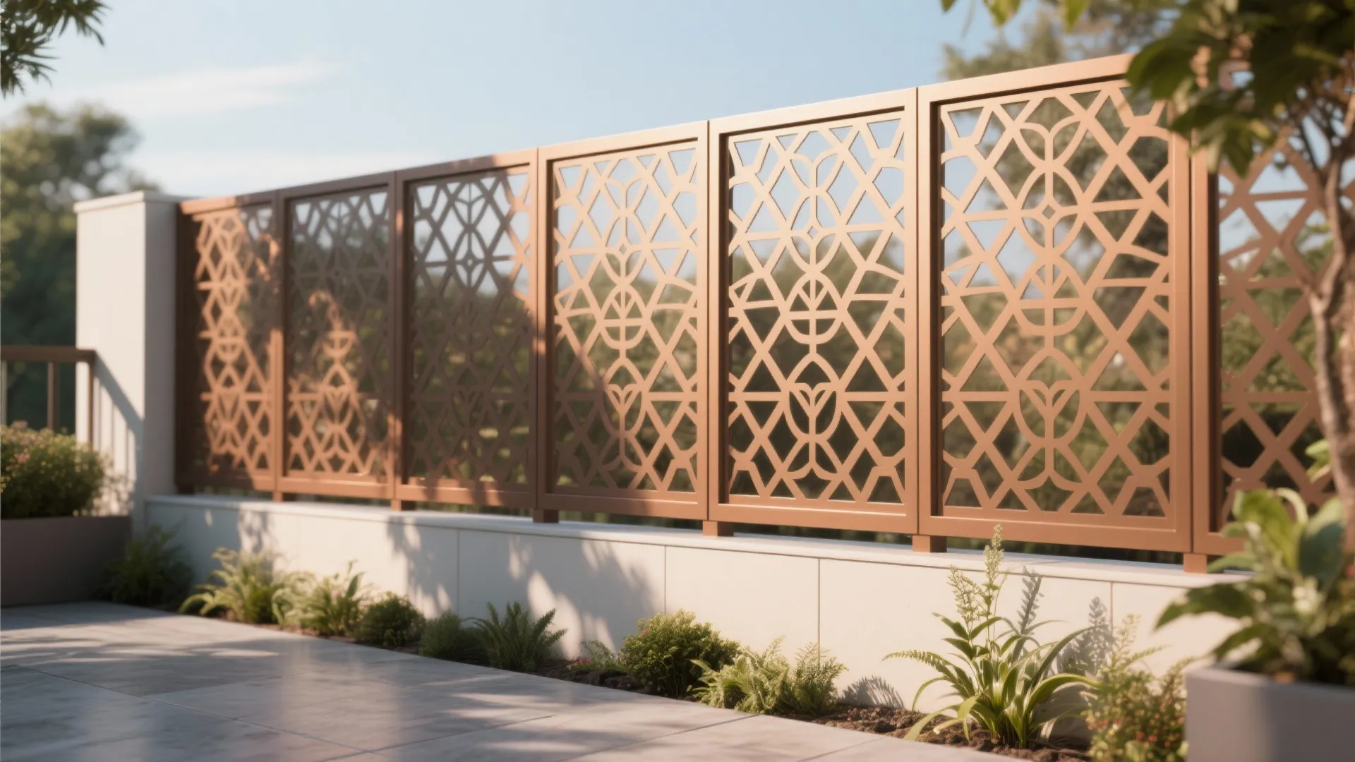 Terrace wall with geometric decorative metal screens filtering sunlight