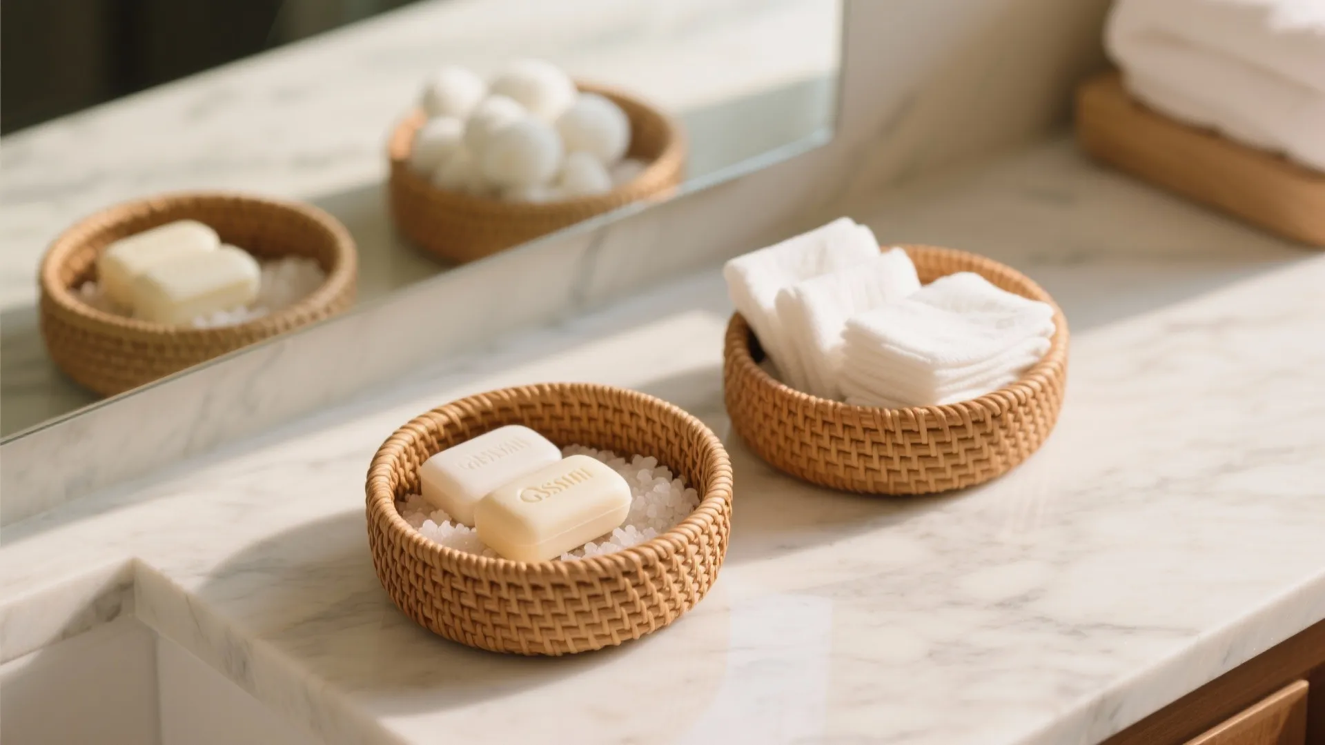 Two woven baskets on marble counter containing bar soap and white towels in bright bathroom