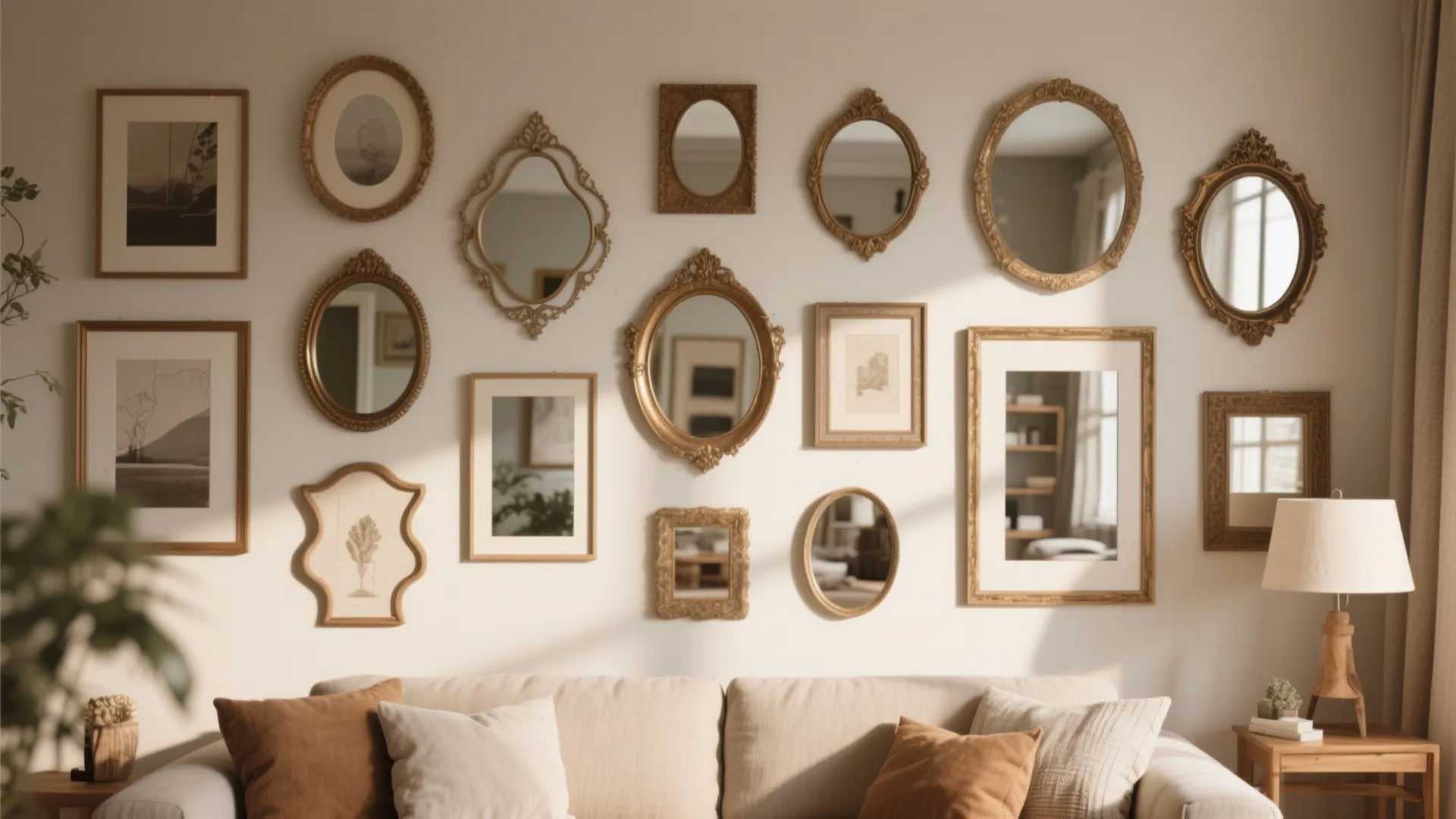 Living room wall decorated with many gold framed mirrors and pictures placed above a sofa