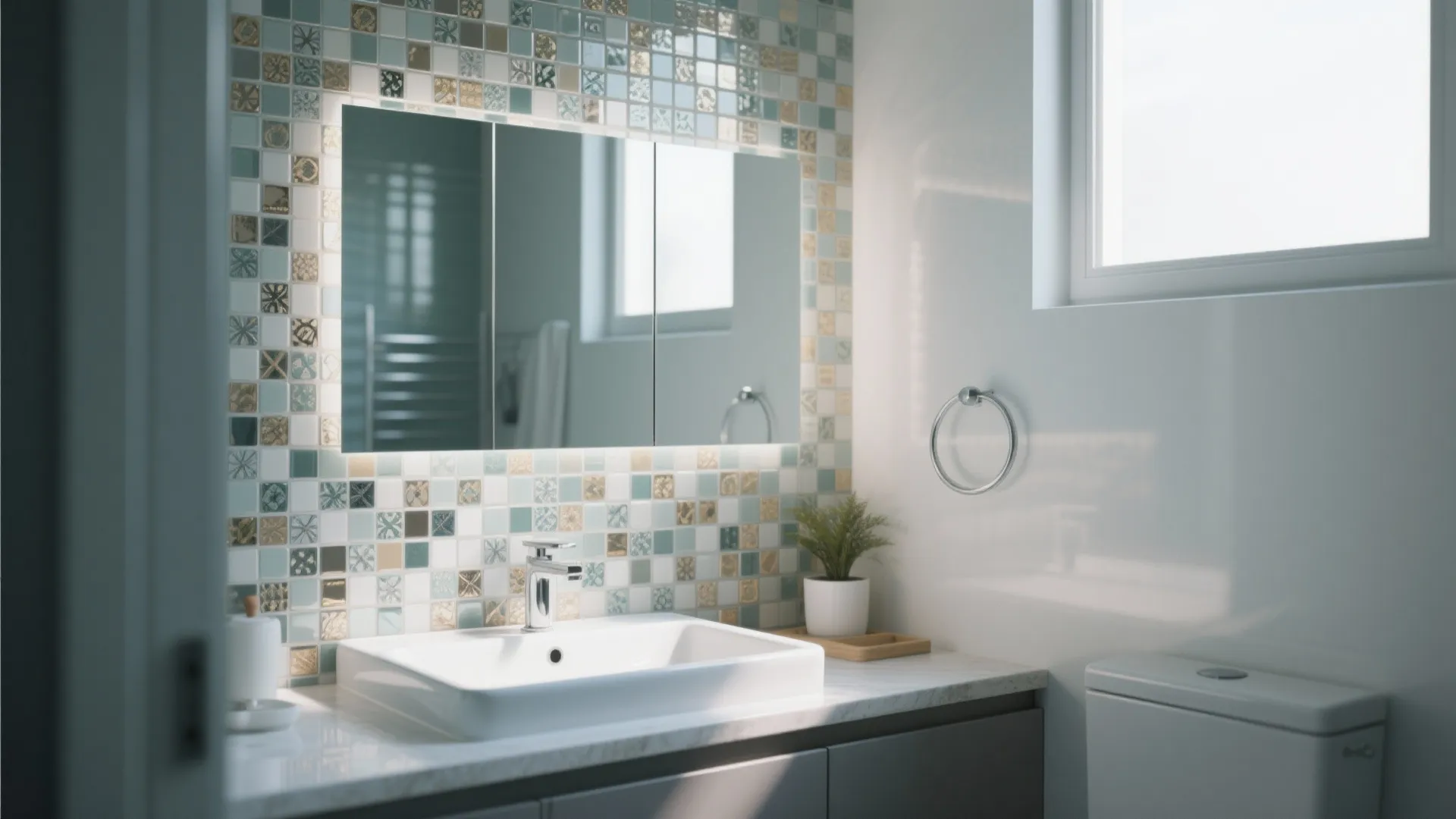 Bright bathroom interior with mosaic tile wall lighted mirror white sink grey cabinet and small plant