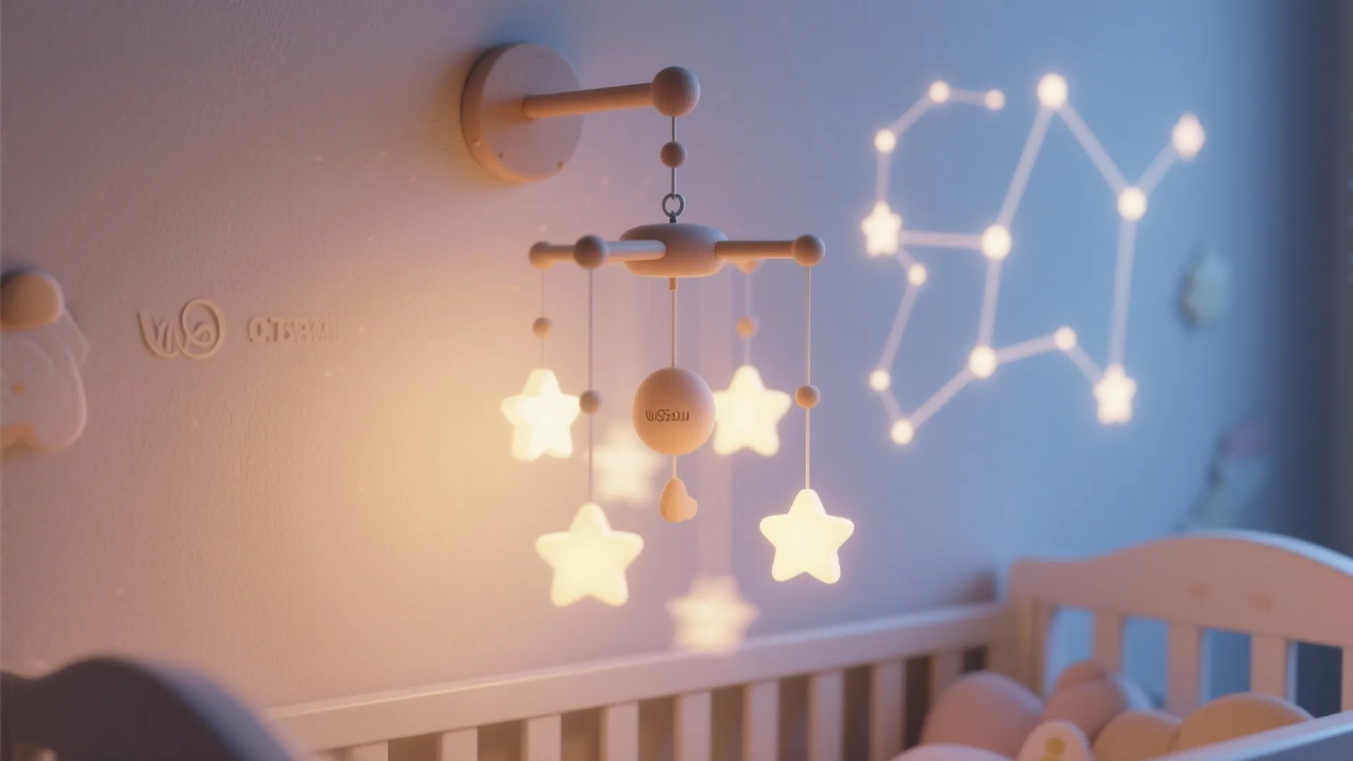Lightweight LED constellation mobile casting soft star projections in a nursery