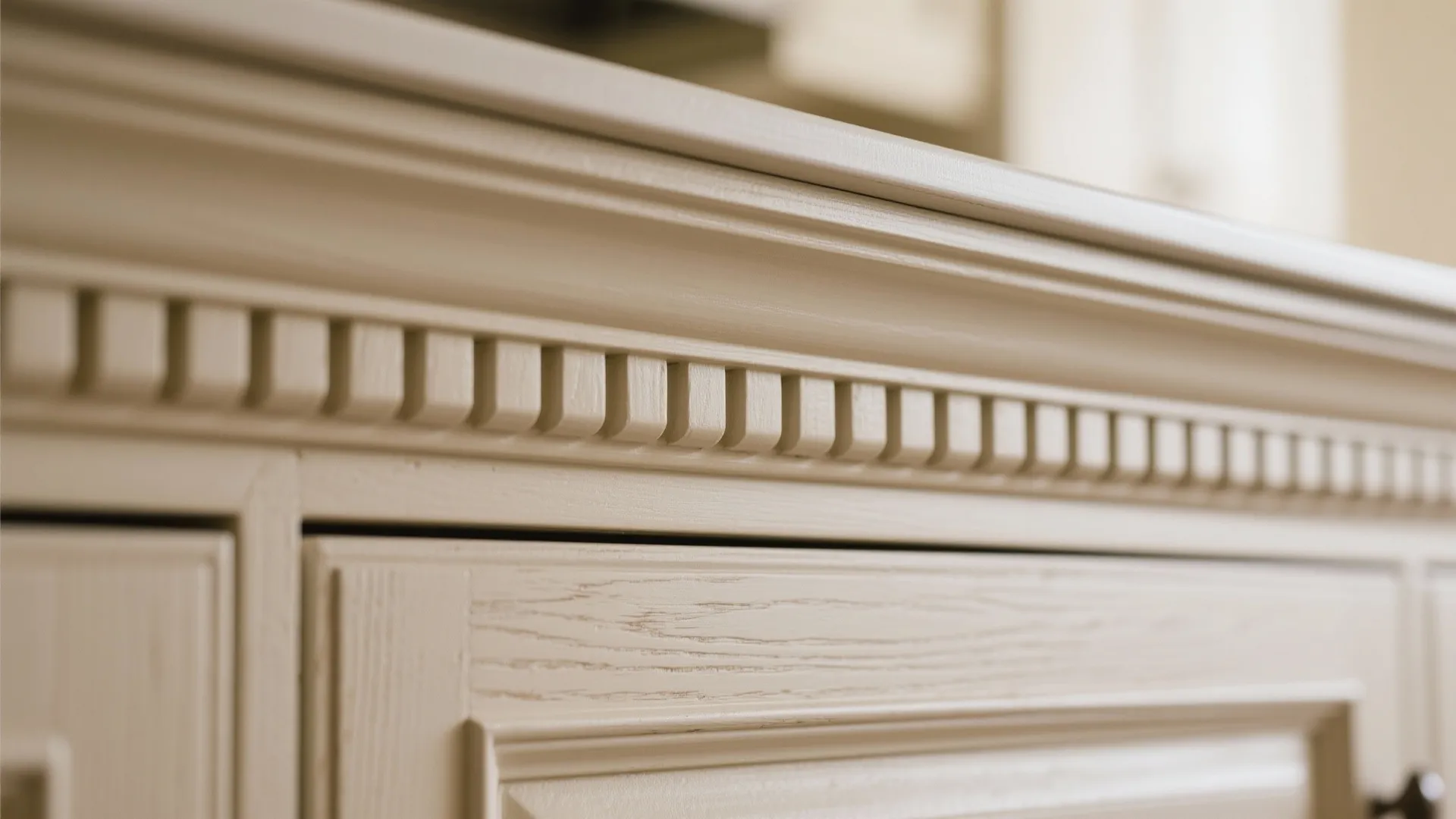 Close up view of decorative wood wall panel details on light beige colored home furniture