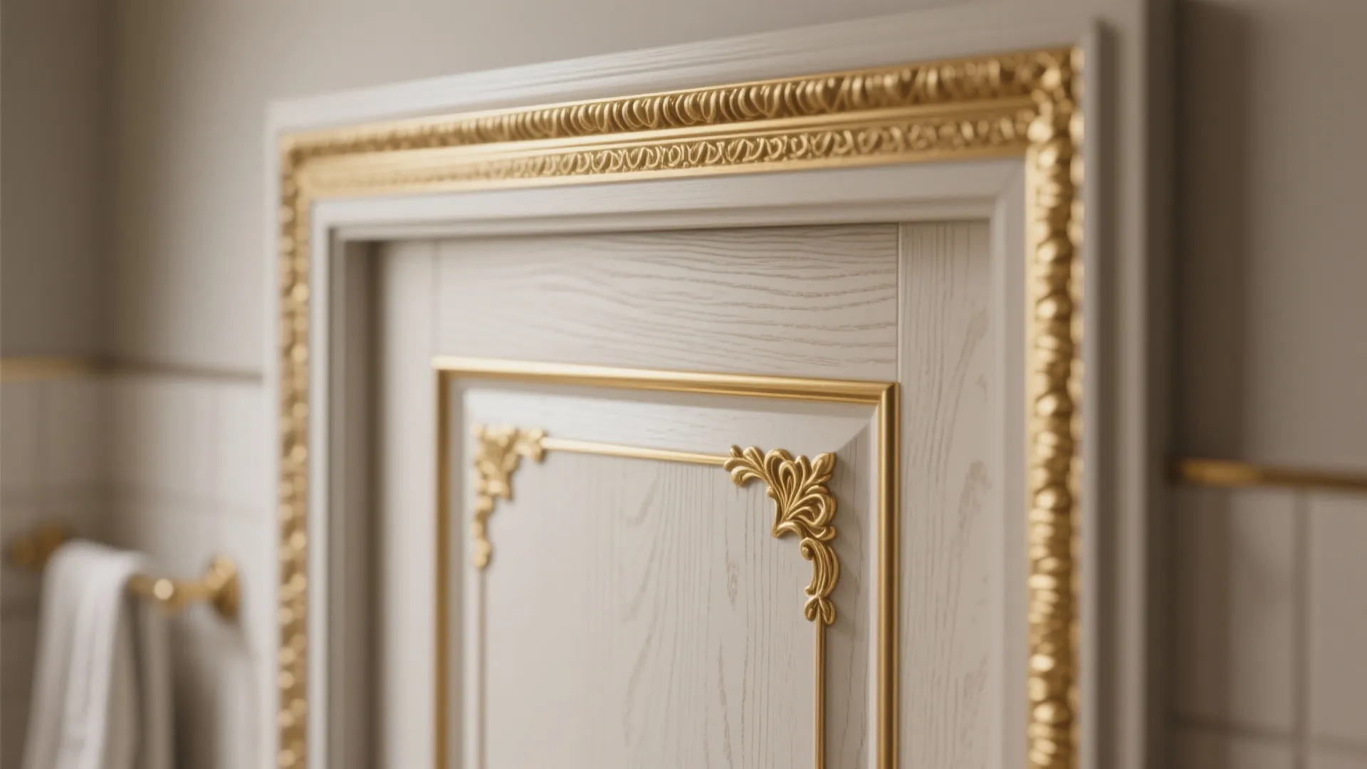 Close up of white wooden door featuring gold decorative wall panel trim in luxury bathroom