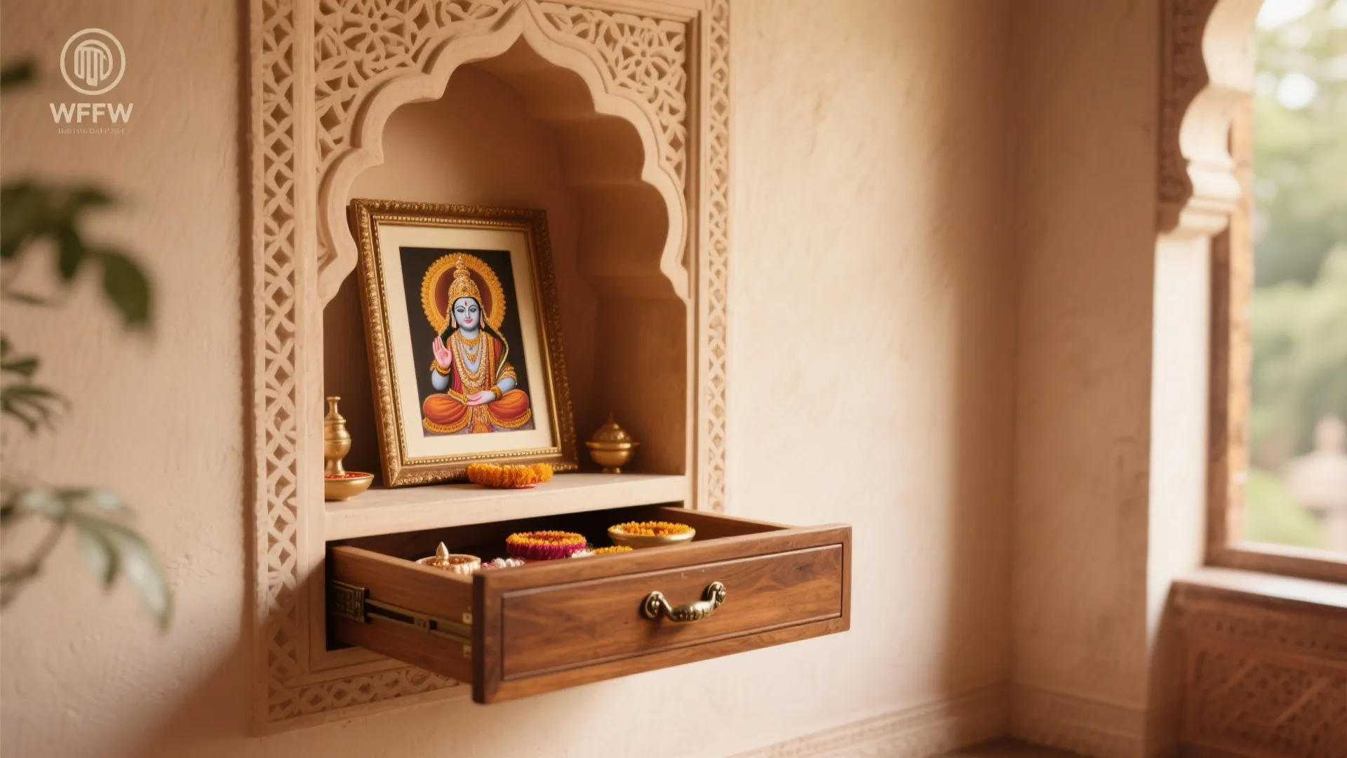 Decorative wall niche with a picture frame and open wooden drawer holding small colorful flowers