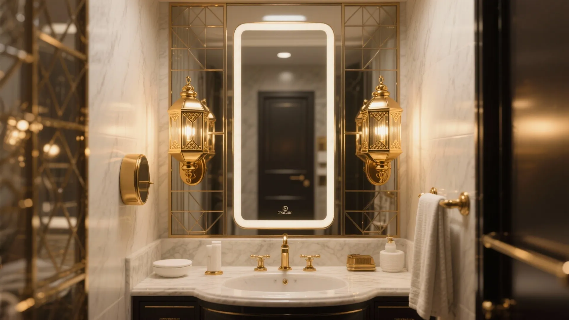 Small bathroom with two bold brass lantern-style sconces adding boutique-hotel character