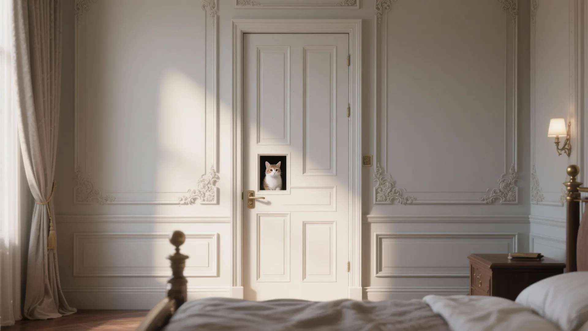 Elegant white bedroom with wall panel details and a small cat looking through door hole