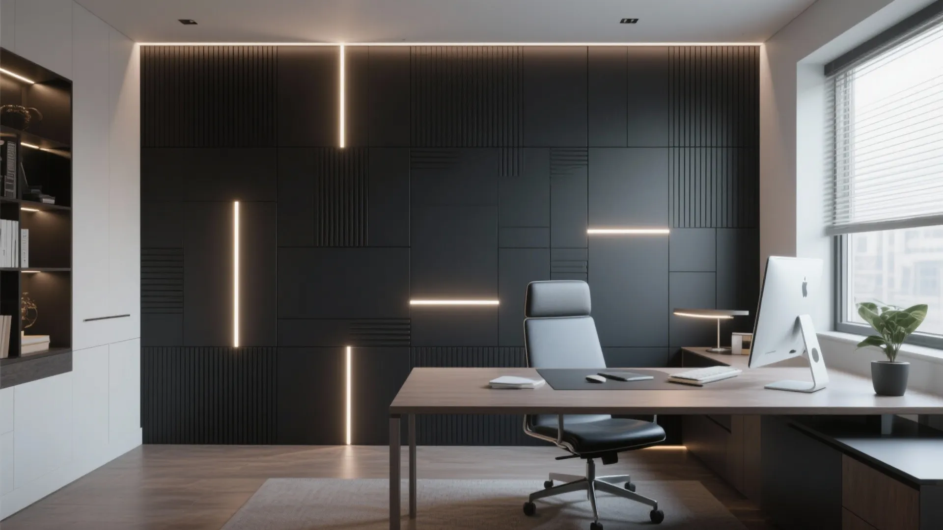 Modern home office with black wall panel designs desk chair computer plant and bright lighting