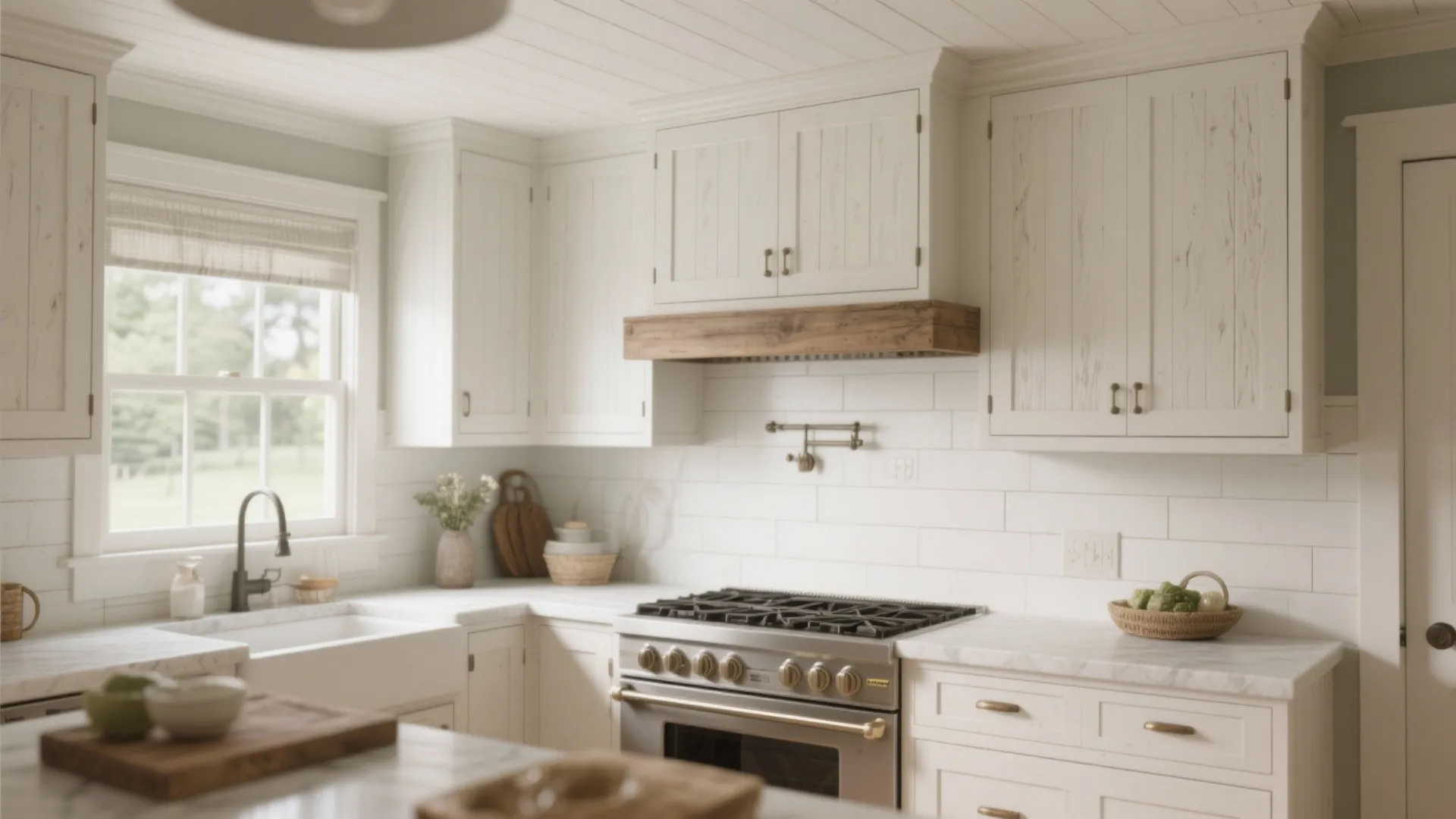 White farmhouse kitchen with wooden wall panels marble countertops gas stove sink and natural window light