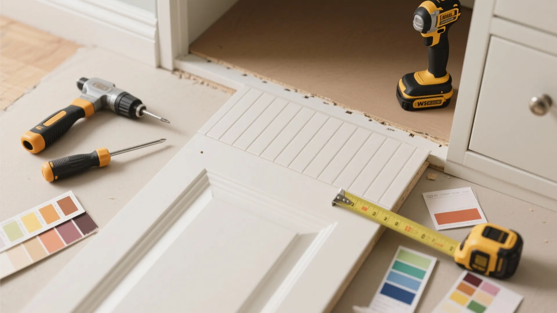 A white wall panel with a drill screwdriver and tape measure for a DIY project