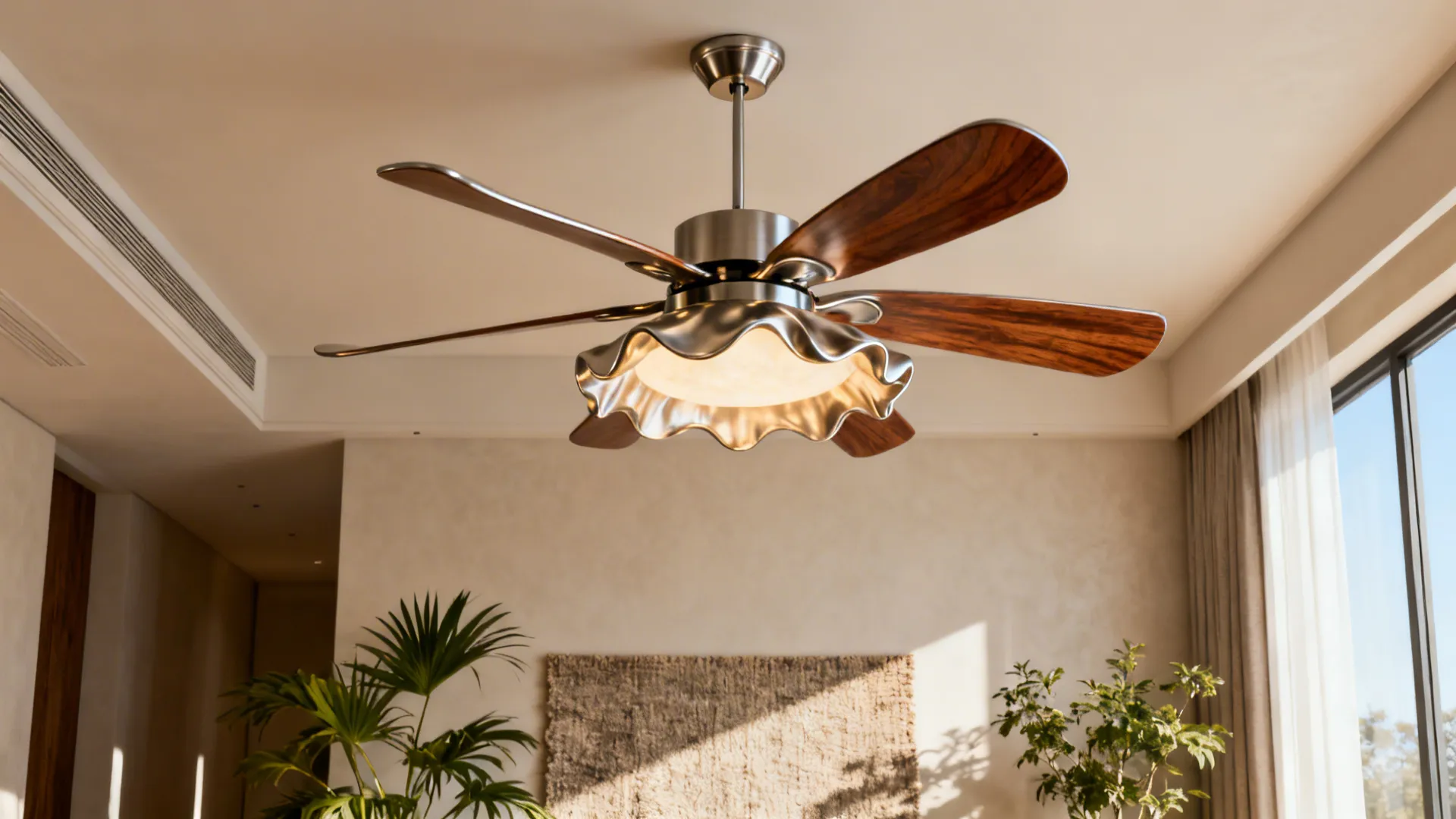 Decorative ceiling fan resembling a sculptural pendant in a modern living room