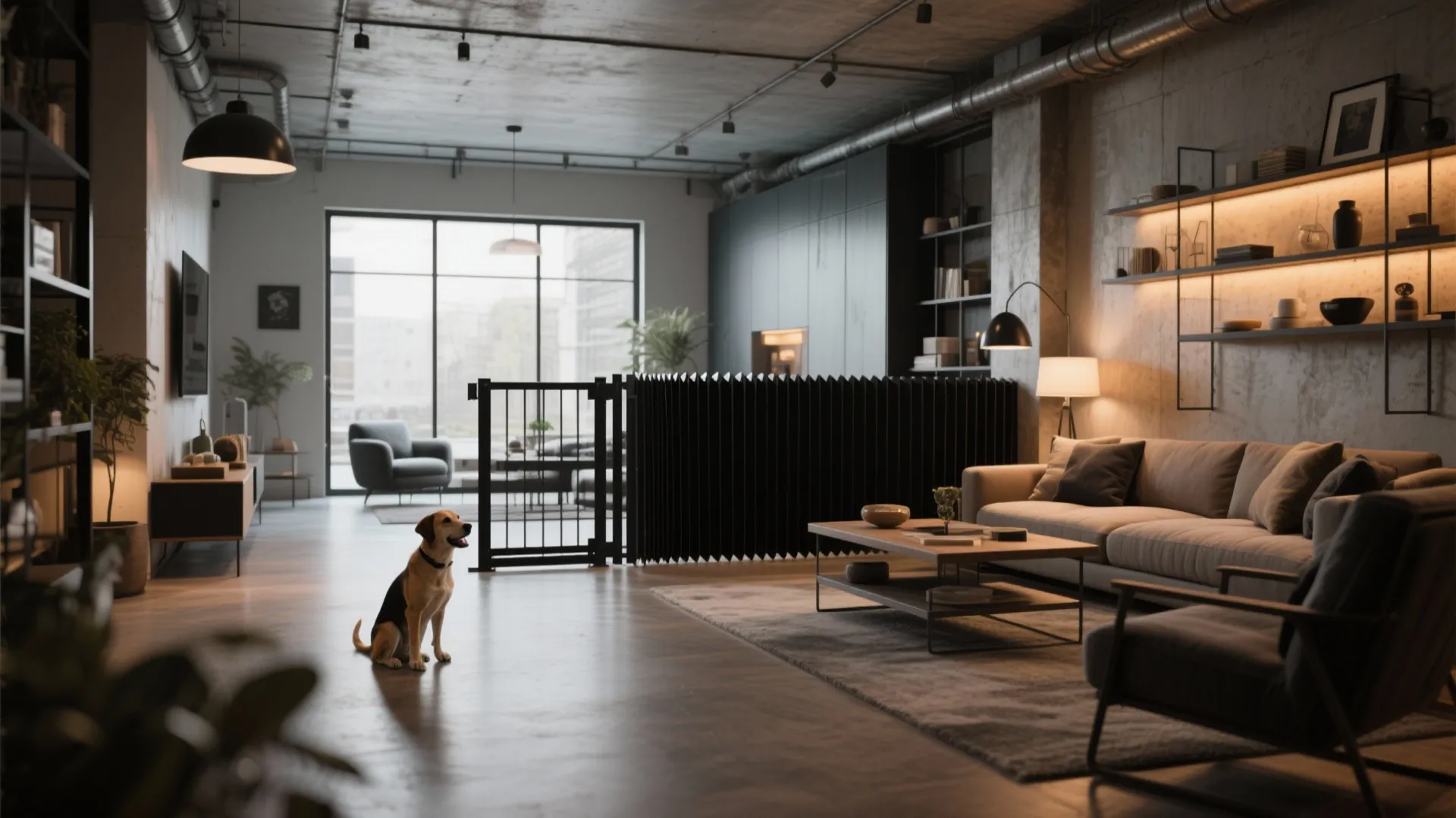 Modern black metal pet gate in stylish living room