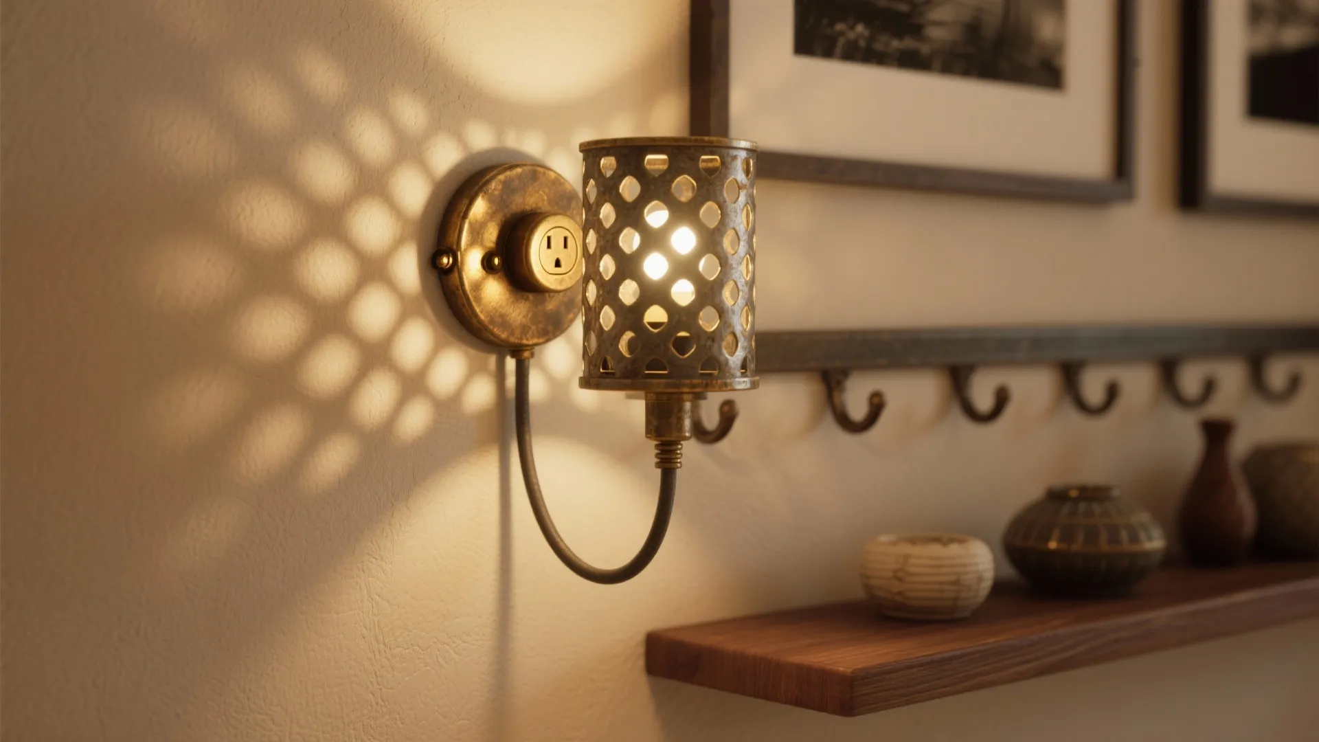 Vintage brass wall light with patterned shade casting decorative shadows on a neutral white wall