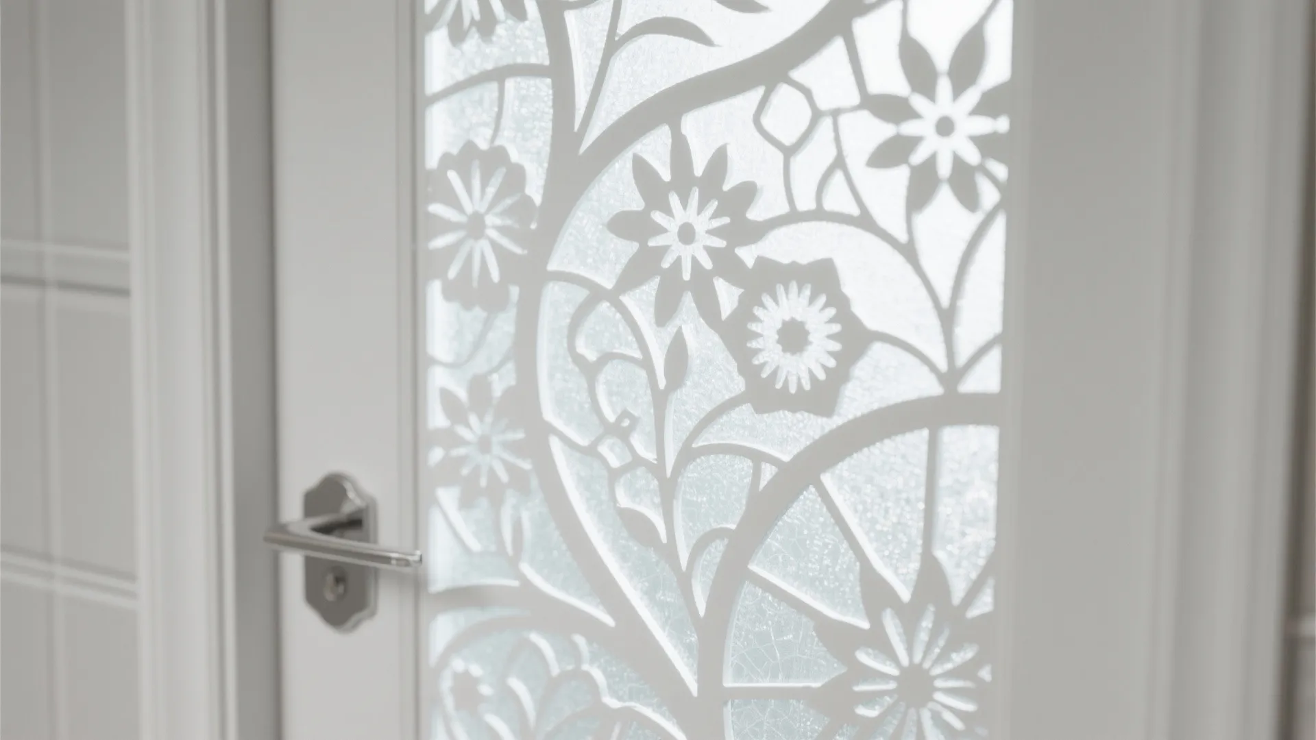 White door with decorative floral glass panel and silver handle in a bright modern room