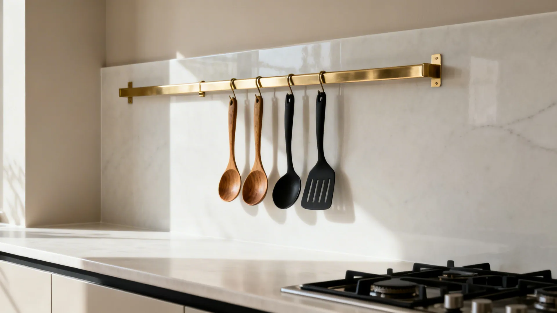 Brushed-brass rack on a porcelain backsplash displays olivewood and black silicone utensils.