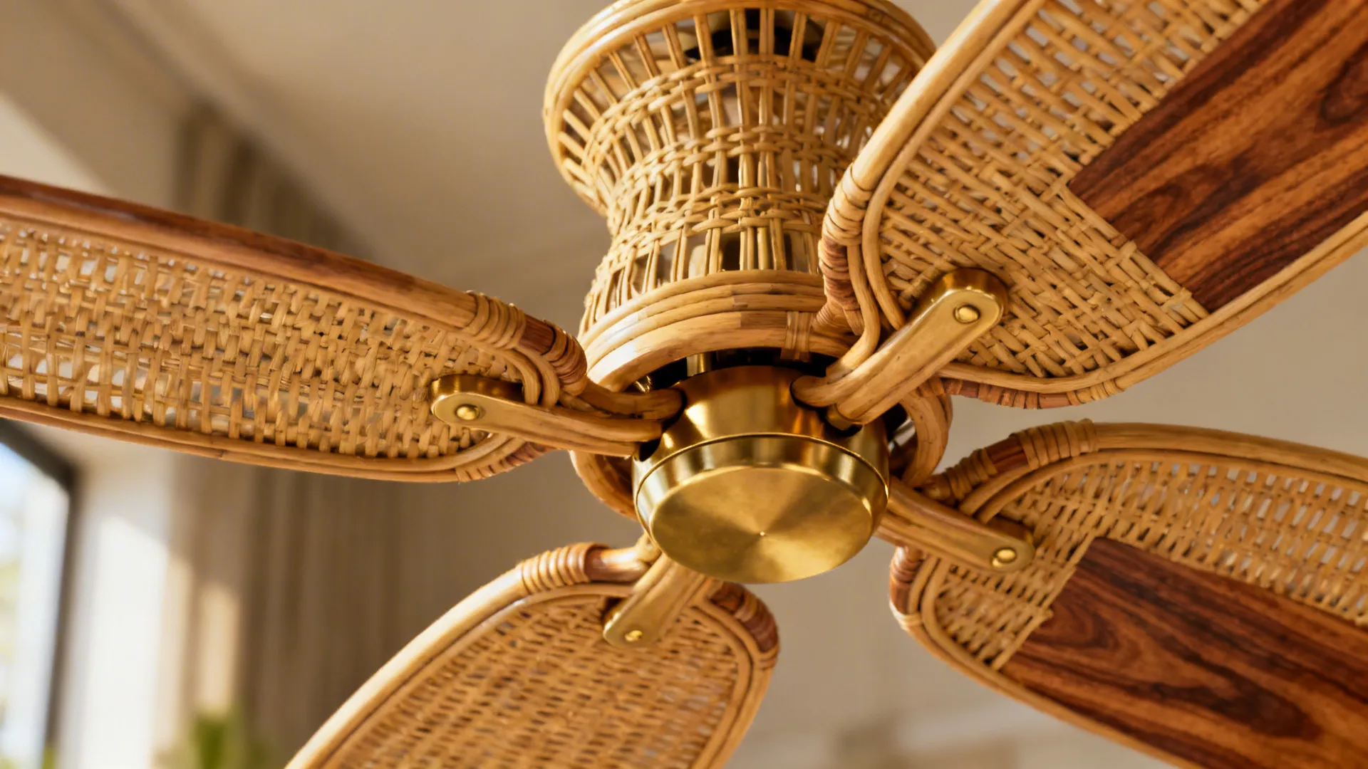 Decorative rattan and wood-laminate ceiling fan as a sculptural statement in a mid-century living room.