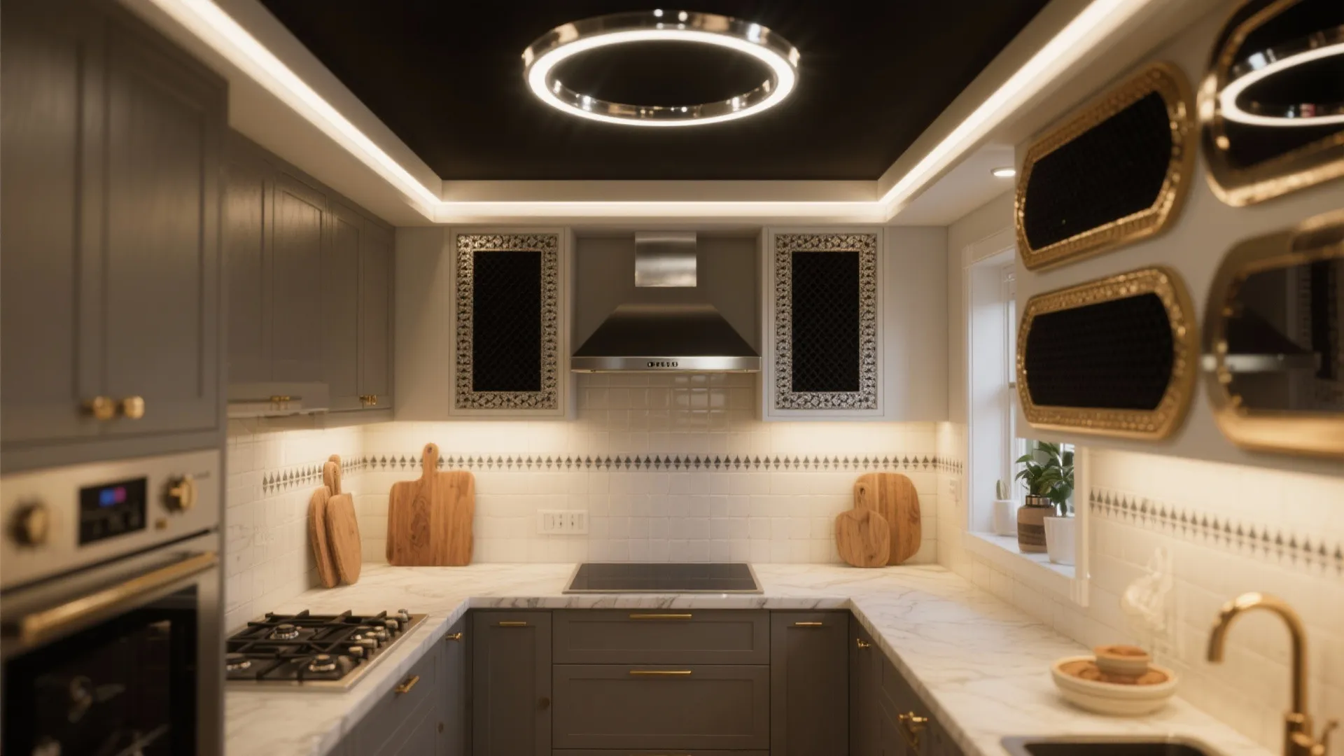 Modern kitchen with grey cabinets white marble counters round ceiling light and wood cutting boards