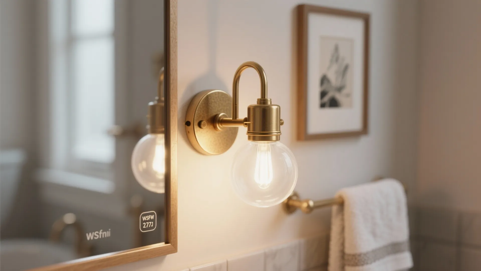 Small brass wall light with glass bulb mounted next to a mirror in bright bathroom
