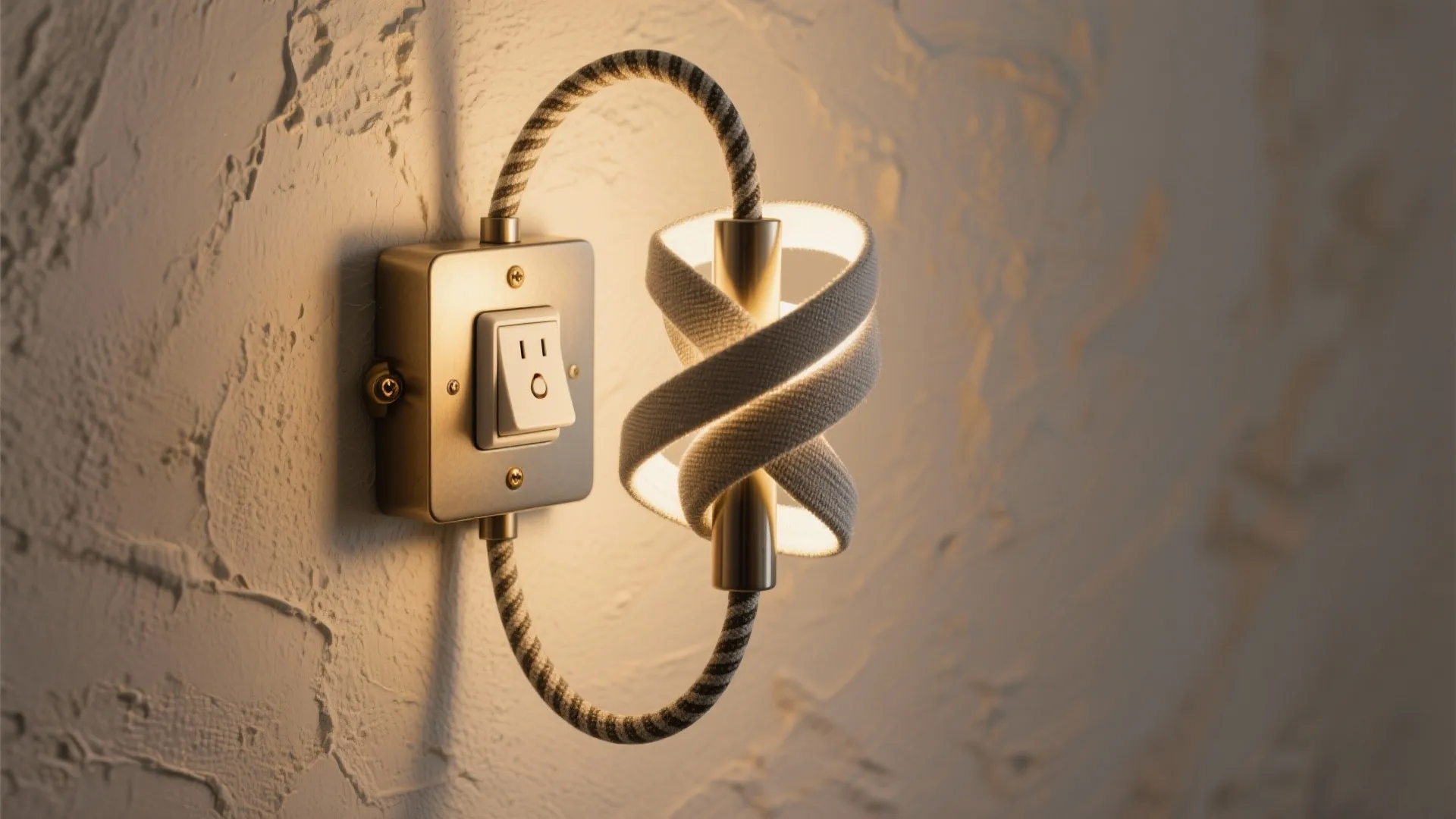 Sculptural plug-in sconce with fabric cord used as decorative focal point on a plaster wall