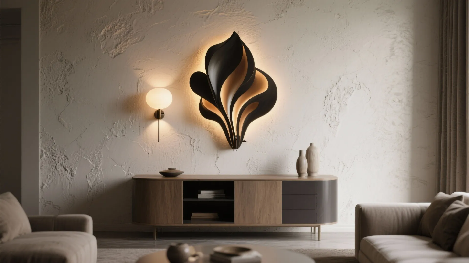 Living room with black flower shaped wall light on textured wall above a wooden cabinet