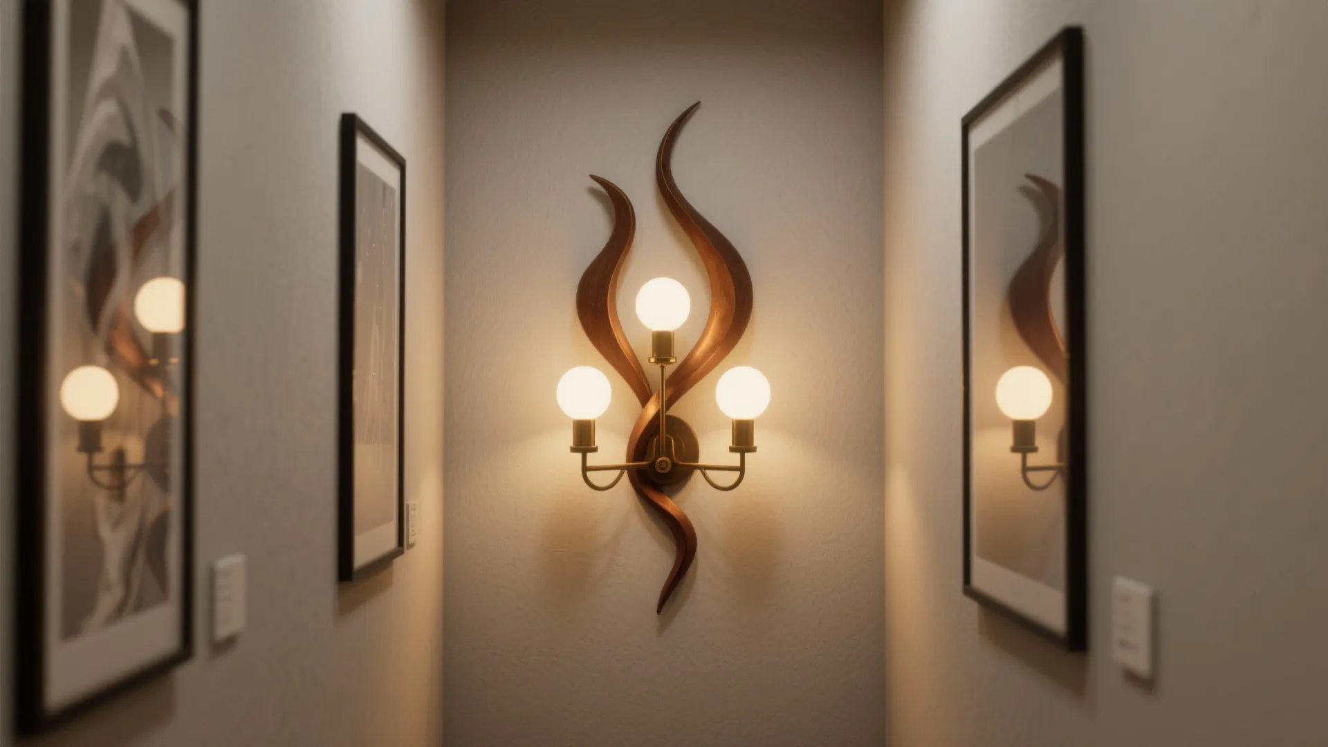 Unique flame shaped wooden wall light with three round bulbs in a narrow hallway gallery space